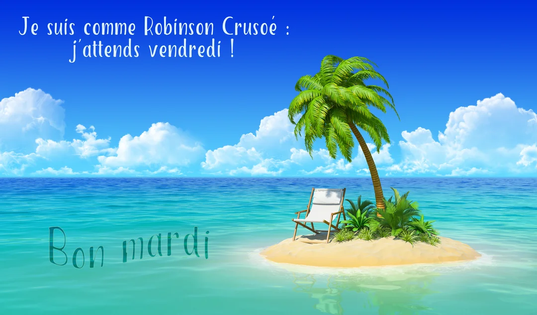 Une île déserte paradisiaque avec un palmier et un transat, symbolisant l'attente humoristique du week-end exprimée par le texte sur la carte.