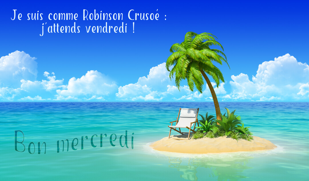 Une illustration d'une petite île déserte avec un palmier et une chaise longue, au milieu d'un océan turquoise sous un ciel bleu.