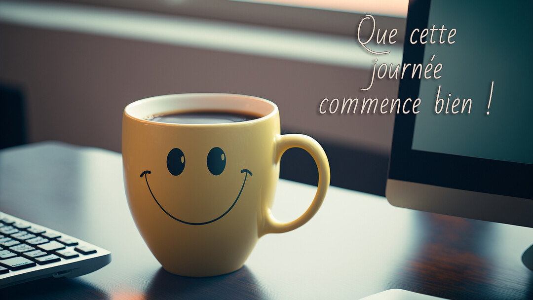 Sur un bureau, une tasse de café jaune ornée d'un visage souriant est placée à côté d'un clavier et d'un écran d'ordinateur.