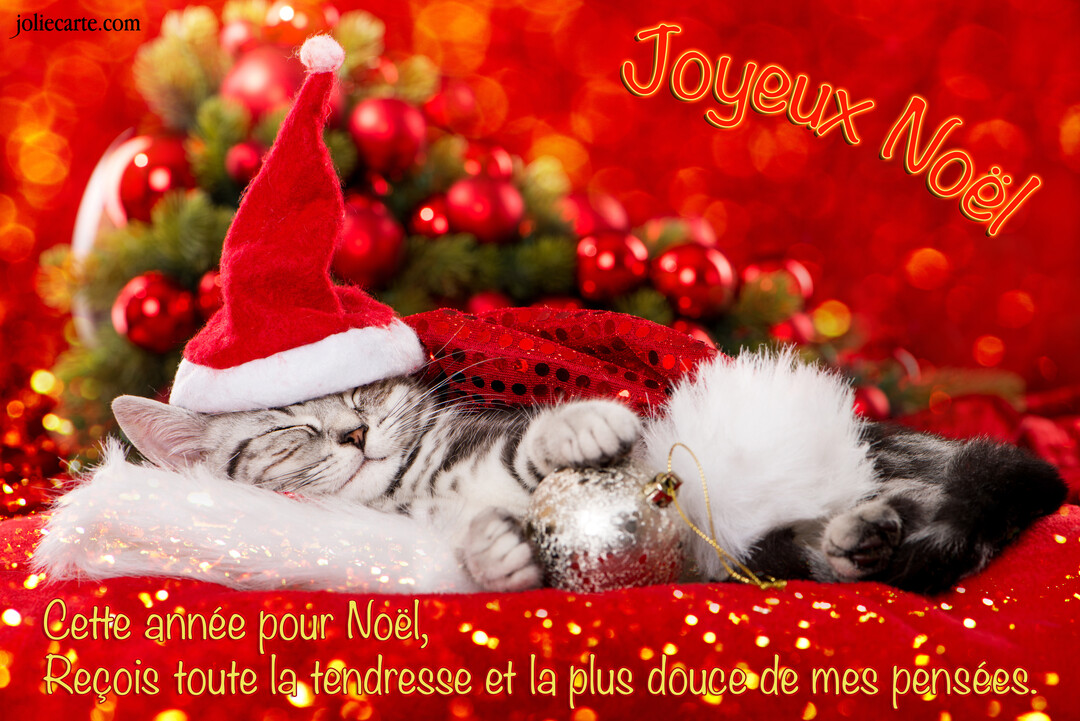 Un jeune chaton tigré gris porte un bonnet de Père Noël et dort paisiblement sur une couverture rouge scintillante, près d'ornements de Noël.