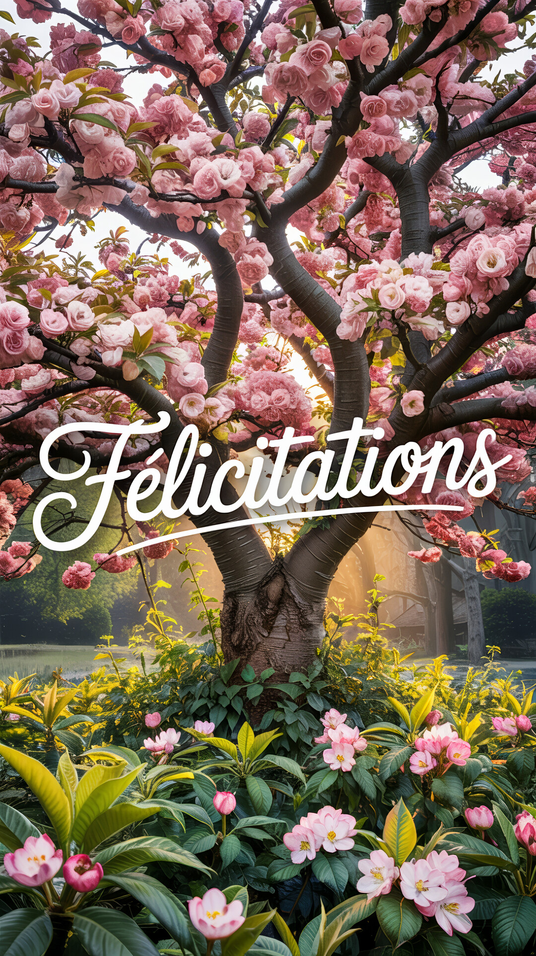 Un majestueux cerisier japonais est couvert de fleurs roses luxuriantes, avec le texte 'Félicitations' écrit en blanc au premier plan.