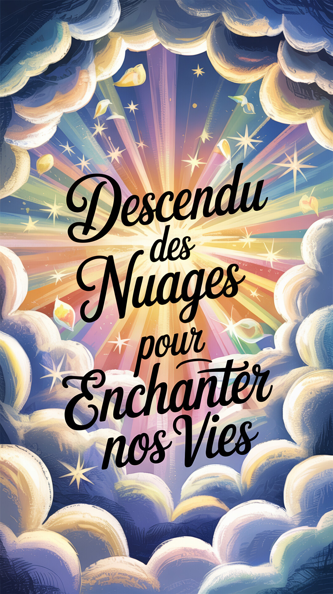 Une illustration d'un ciel merveilleux avec des nuages, des étoiles et des rayons lumineux multicolores entourant un texte poétique de bienvenue.