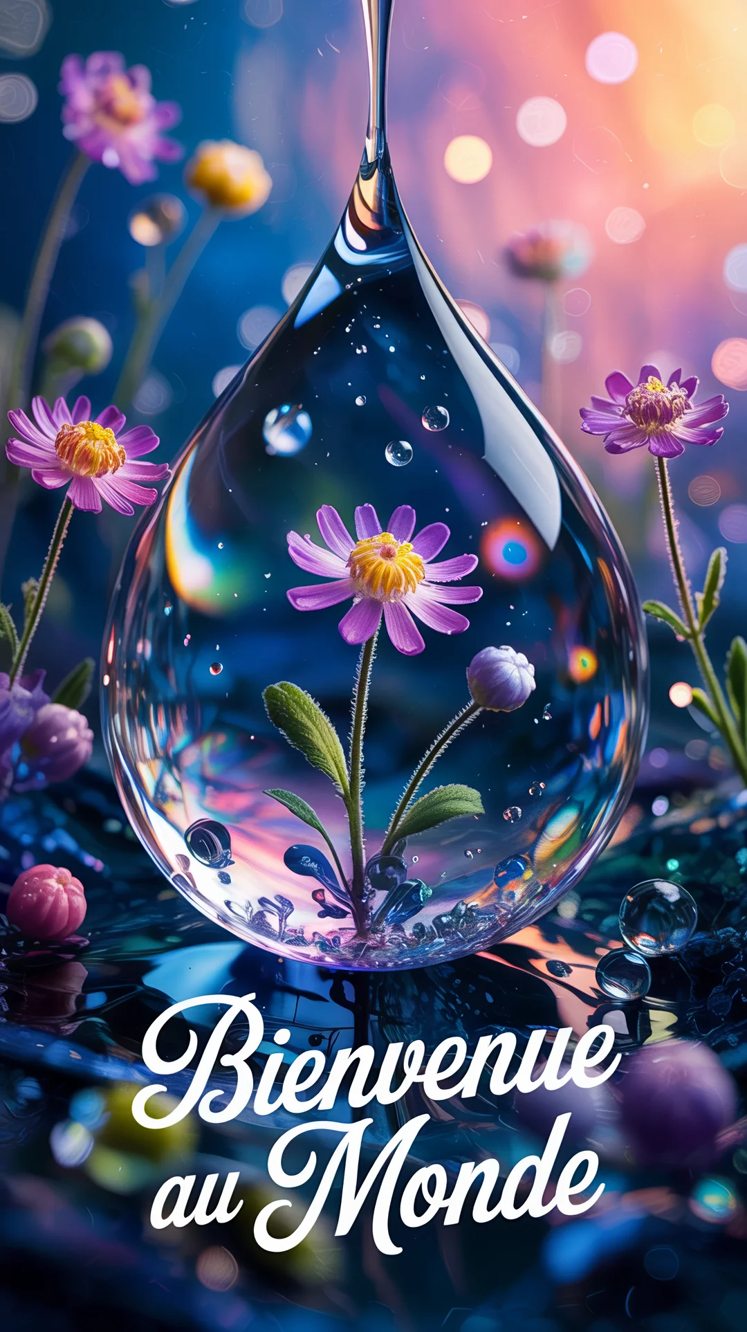 Une scène onirique où une grande goutte d'eau agit comme une loupe, révélant une fleur violette au milieu d'un champ fleuri lumineux.