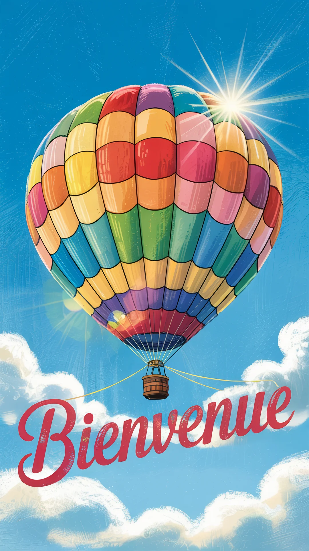 Une montgolfière très colorée vole dans un ciel bleu clair parsemé de nuages, avec un soleil éclatant et le mot 'Bienvenue' au premier plan.