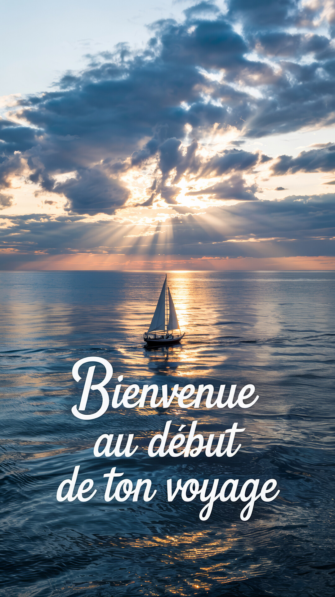 Un voilier solitaire navigue sur une mer paisible au crépuscule, sous un ciel nuageux où les rayons dorés du soleil percent avec éclat.