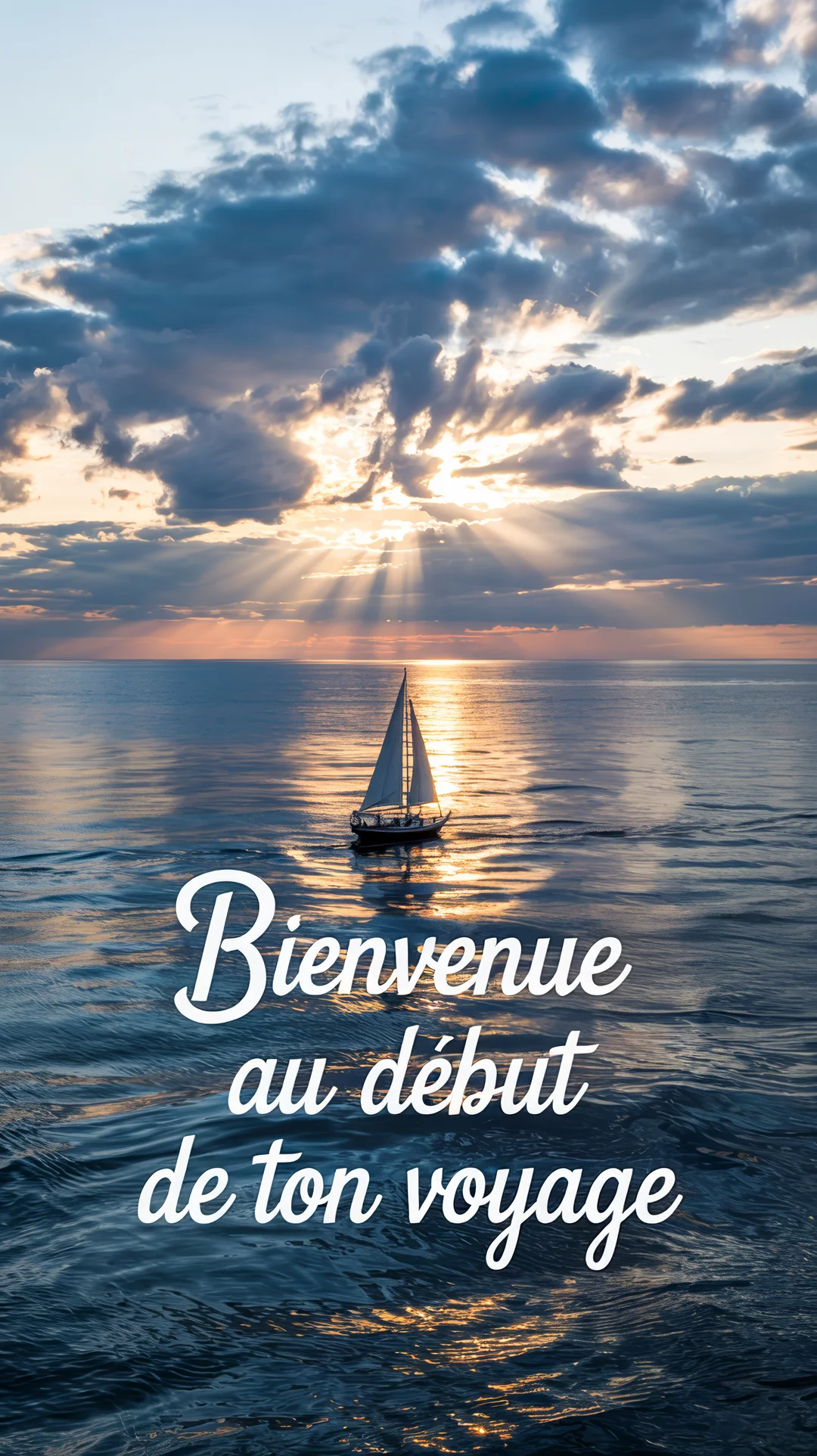 Un voilier solitaire navigue sur une mer paisible au crépuscule, sous un ciel nuageux où les rayons dorés du soleil percent avec éclat.