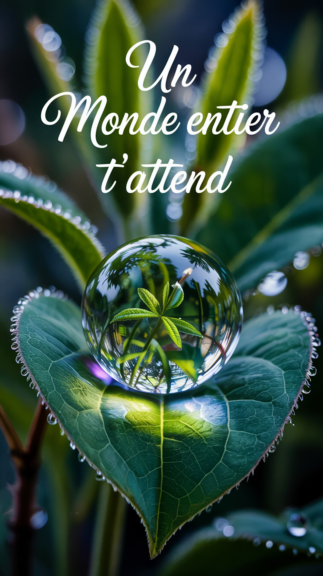 Une goutte d'eau cristalline posée sur une feuille verte agit comme une loupe, révélant une petite plante à l'intérieur, symbolisant un nouveau monde.