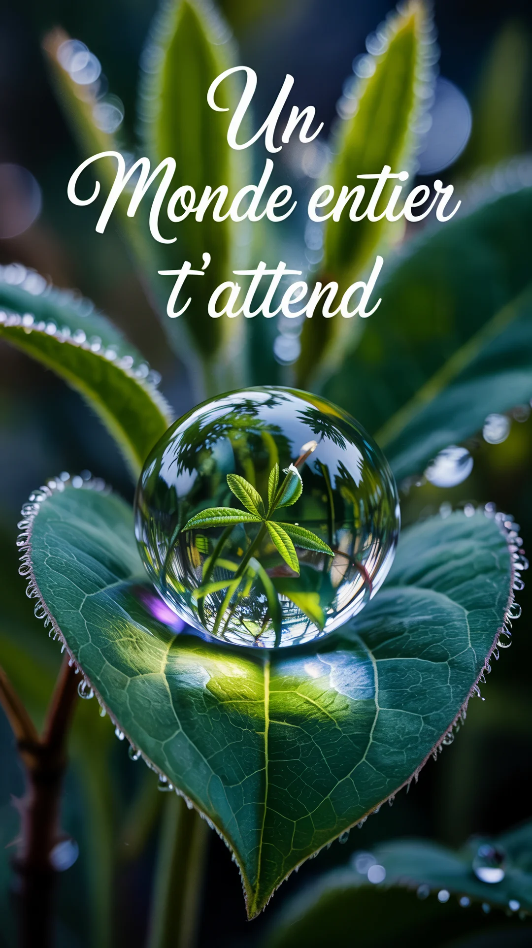 Une goutte d'eau cristalline posée sur une feuille verte agit comme une loupe, révélant une petite plante à l'intérieur, symbolisant un nouveau monde.