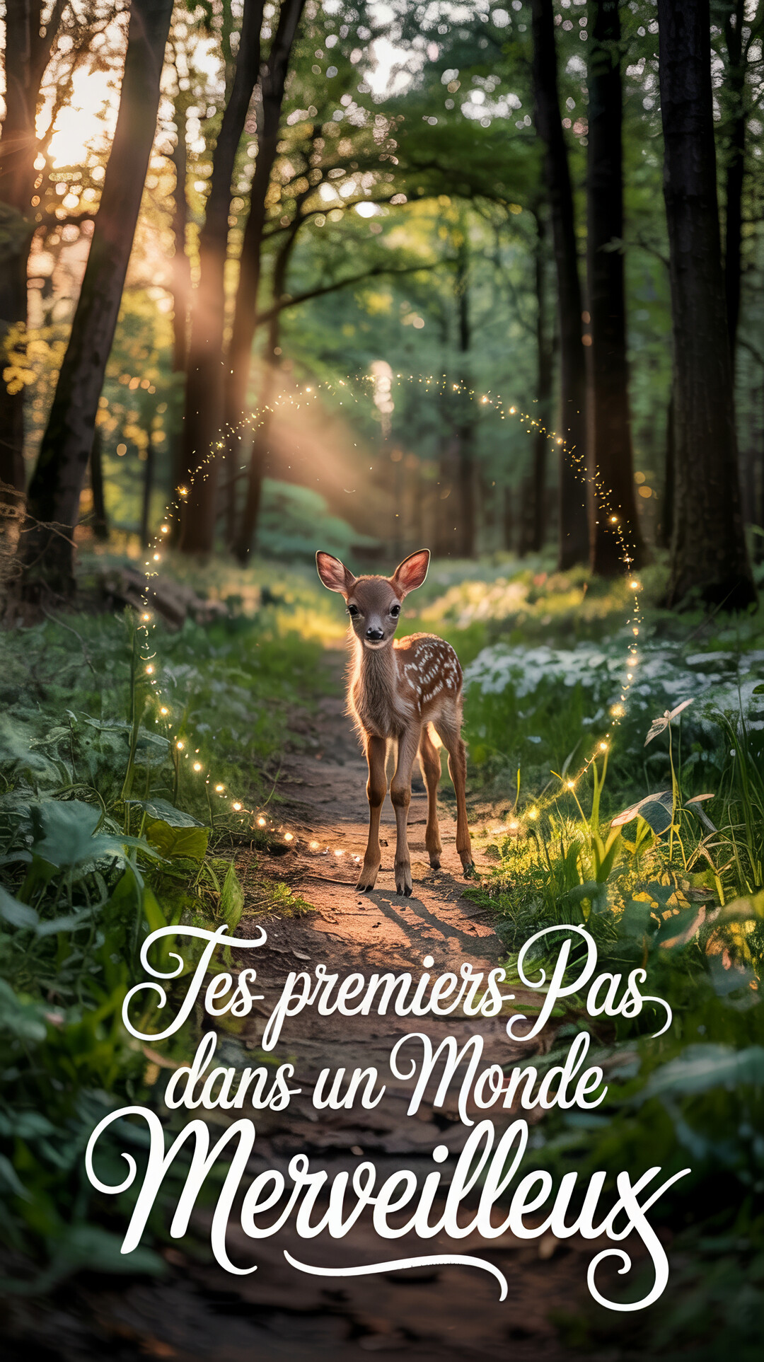 Un jeune faon se tient sur un chemin forestier, baigné d'une lumière dorée et entouré d'un halo de particules scintillantes.