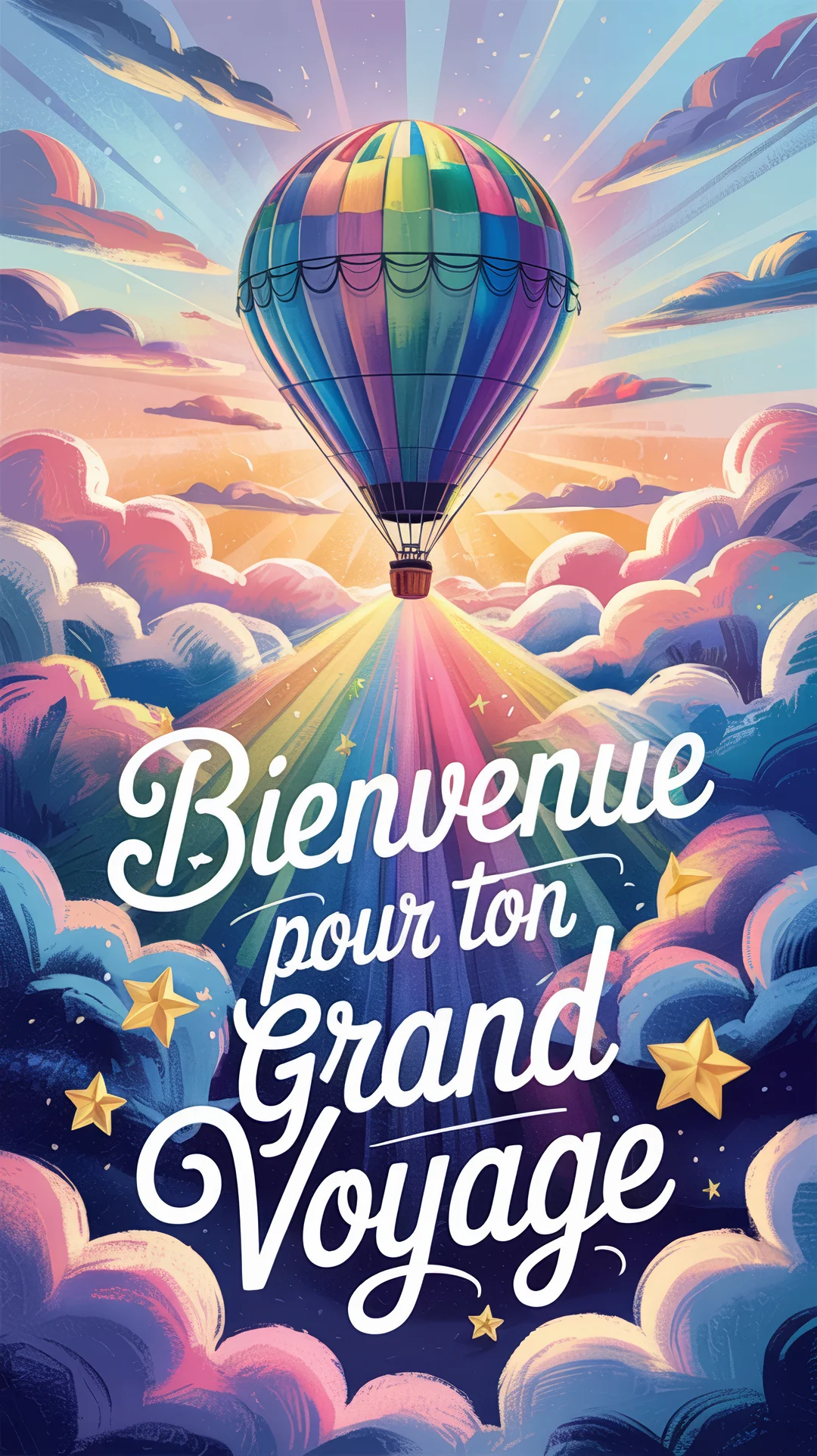 Une illustration stylisée montre une montgolfière colorée flottant dans un ciel crépusculaire au-dessus de nuages, avec des étoiles et un texte calligraphié.