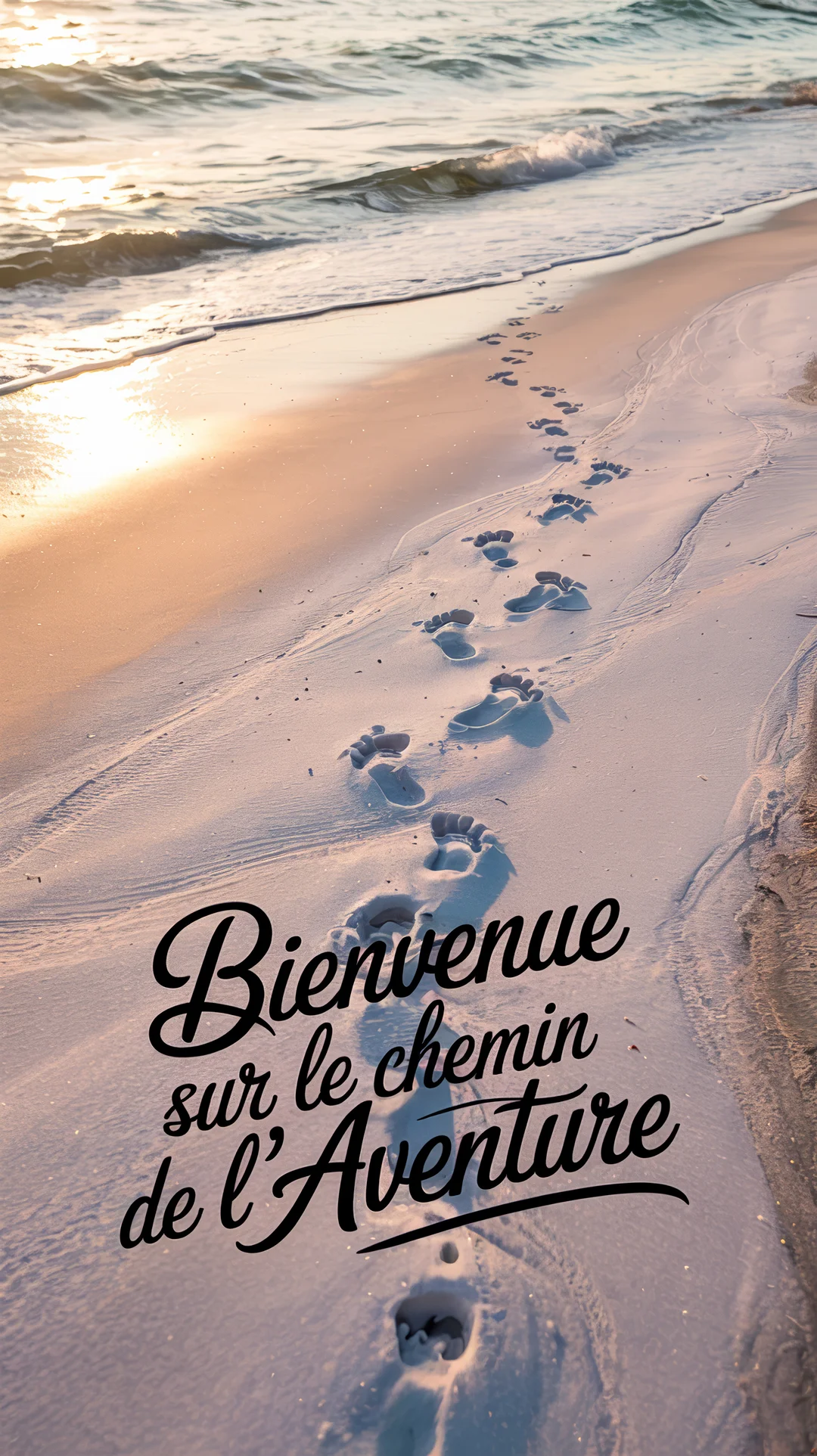 Une plage de sable fin au coucher du soleil, où de petites empreintes de pas s'éloignent de l'océan vers le premier plan.