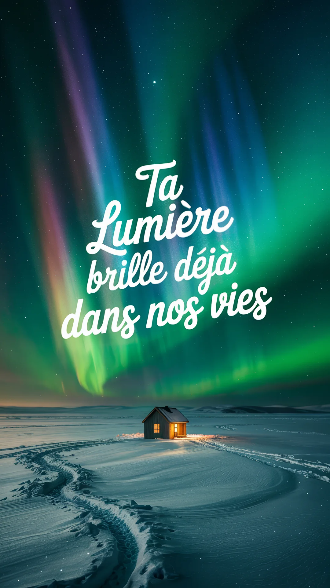 Une petite maison en bois illuminée se dresse dans un paysage de neige, sous un ciel étoilé magnifié par une aurore boréale verte et violette.