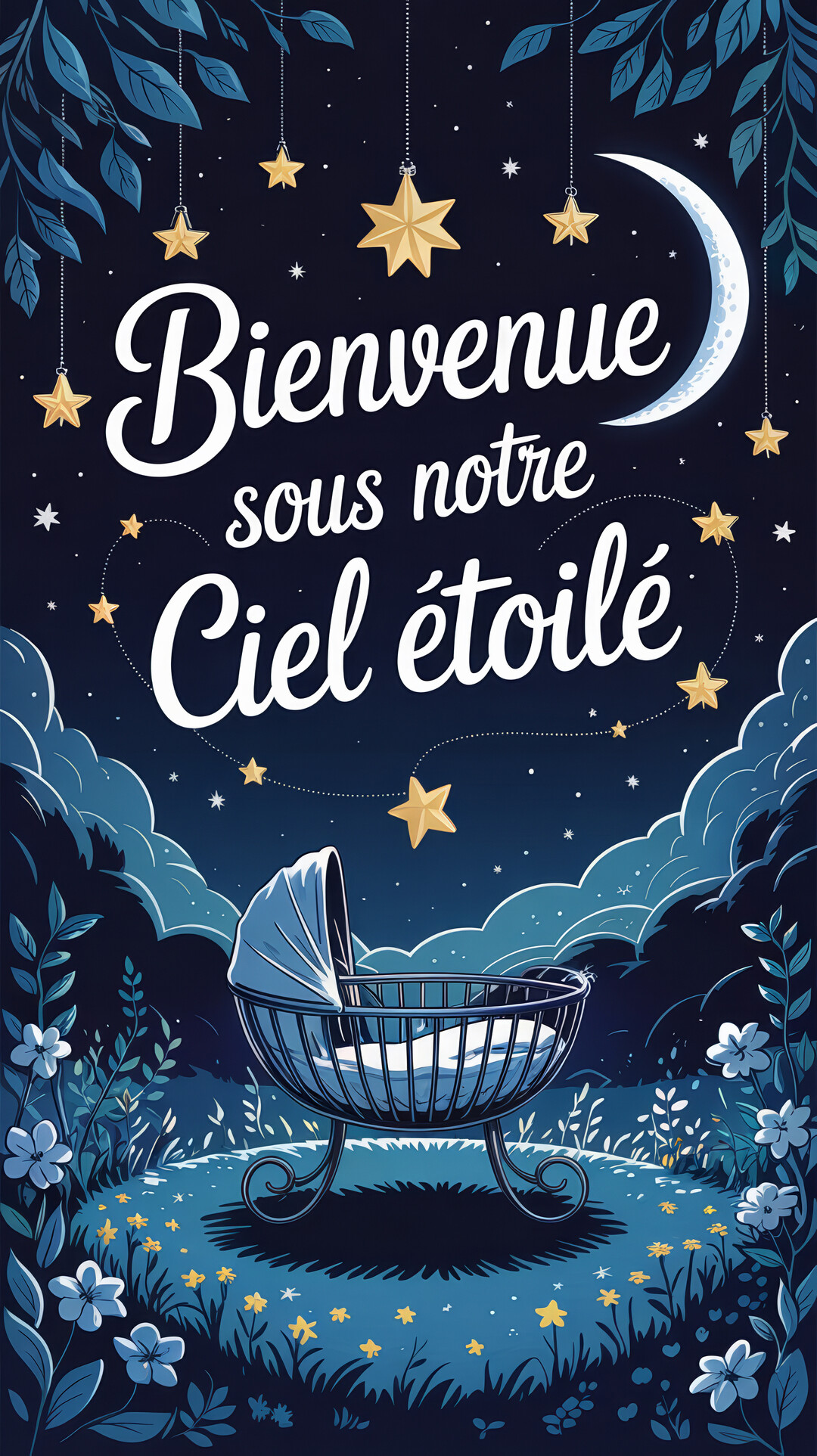 Un berceau repose dans une clairière fleurie sous un ciel nocturne orné d'étoiles, de la lune et d'un message de bienvenue.