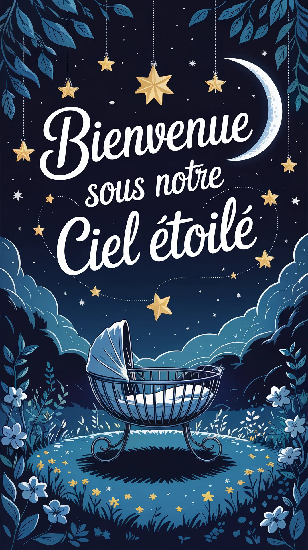 Un berceau repose dans une clairière fleurie sous un ciel nocturne orné d'étoiles, de la lune et d'un message de bienvenue.