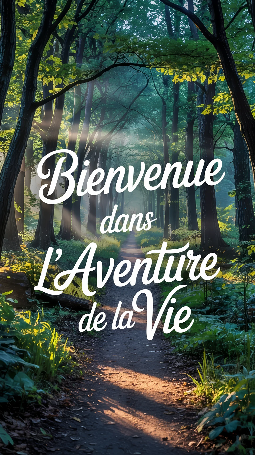 Un sentier de terre s'enfonce dans une forêt dense, baignée par les rayons du soleil, avec une inscription poétique au premier plan.