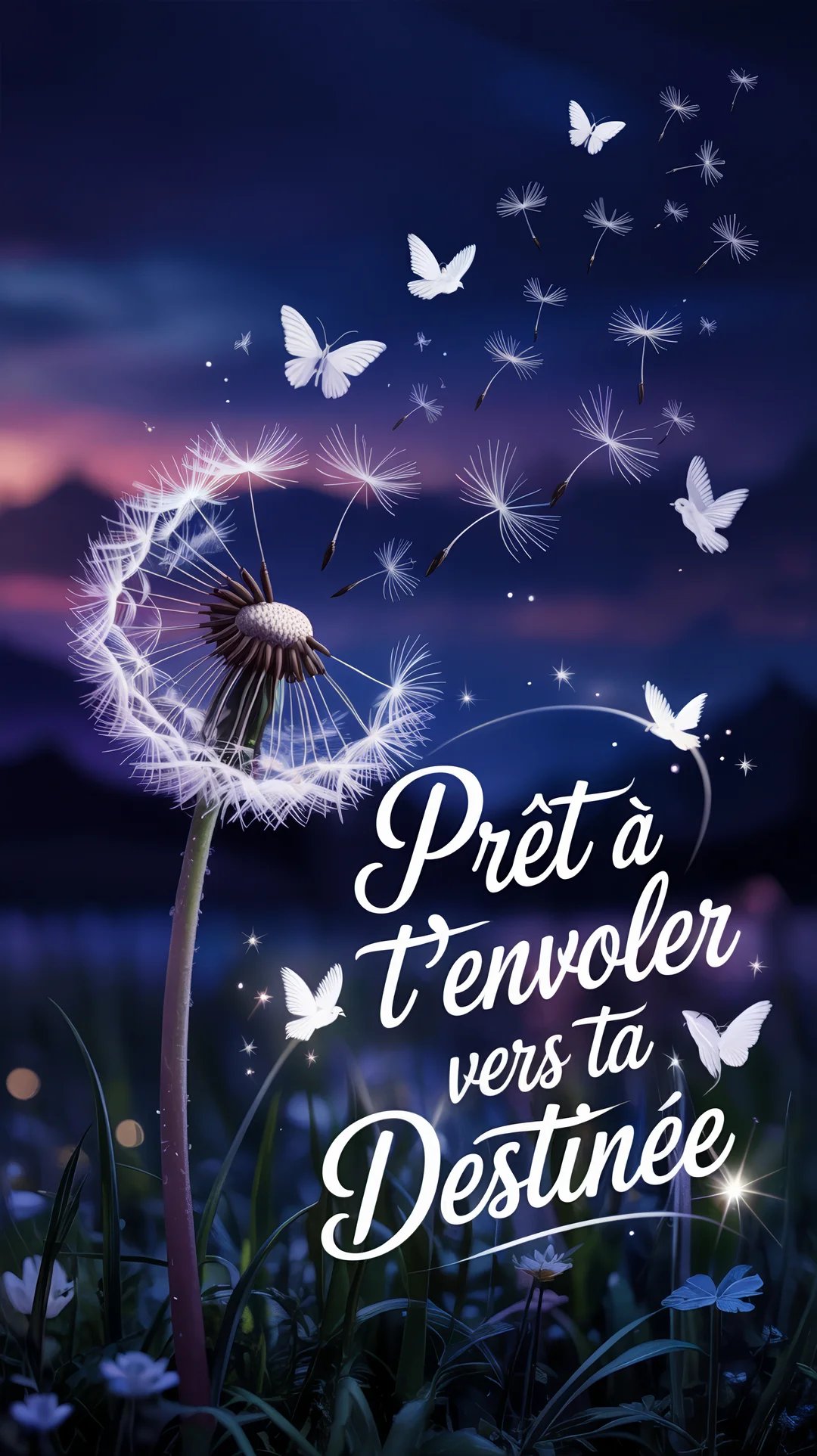 Dans un décor nocturne et féerique, un pissenlit lumineux se disperse en aigrettes qui se métamorphosent en papillons blancs s'élevant vers le ciel.