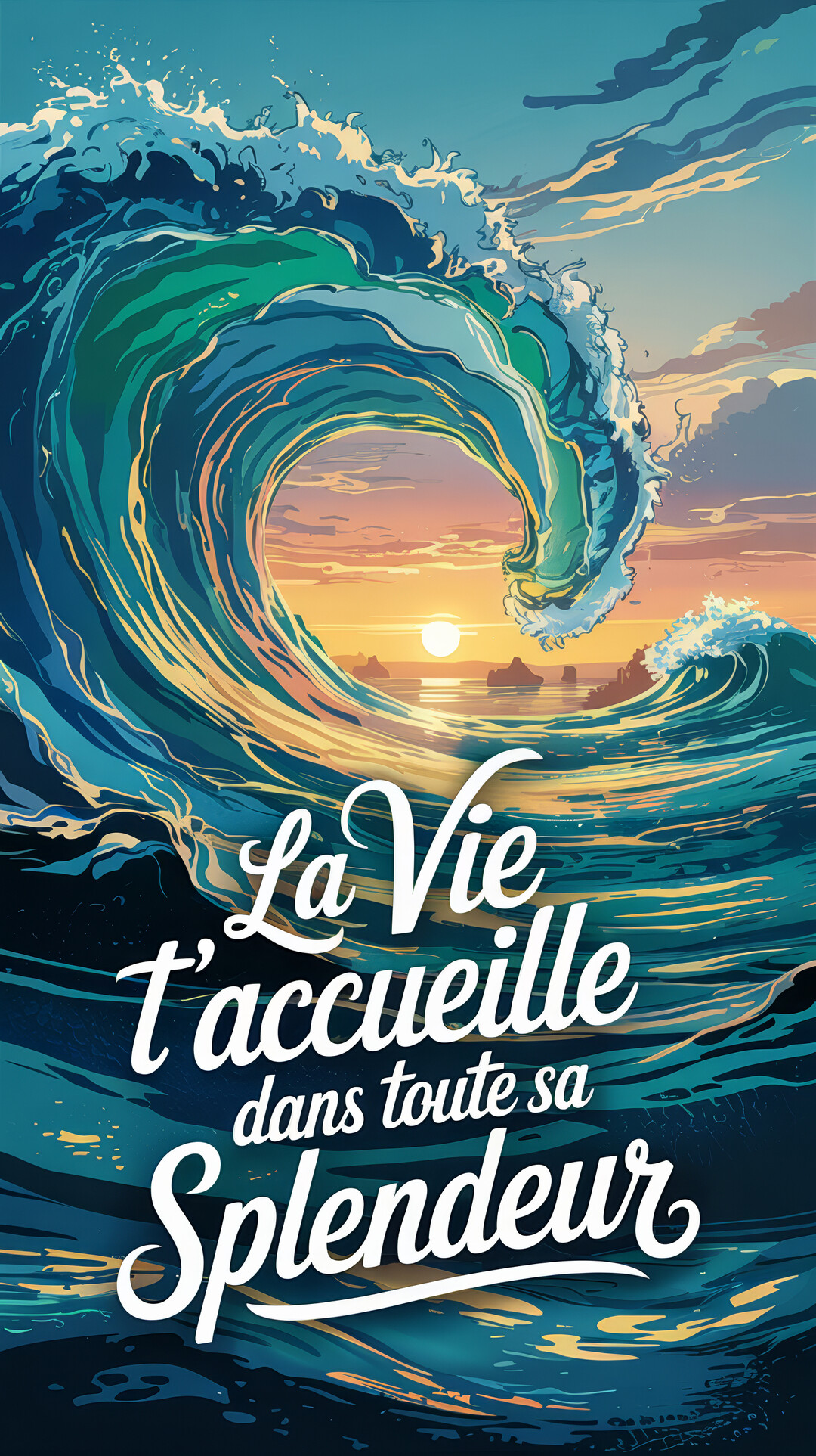 Une illustration stylisée d'une immense vague océanique qui s'enroule, révélant un soleil couchant à l'horizon sous un ciel aux teintes chaudes.
