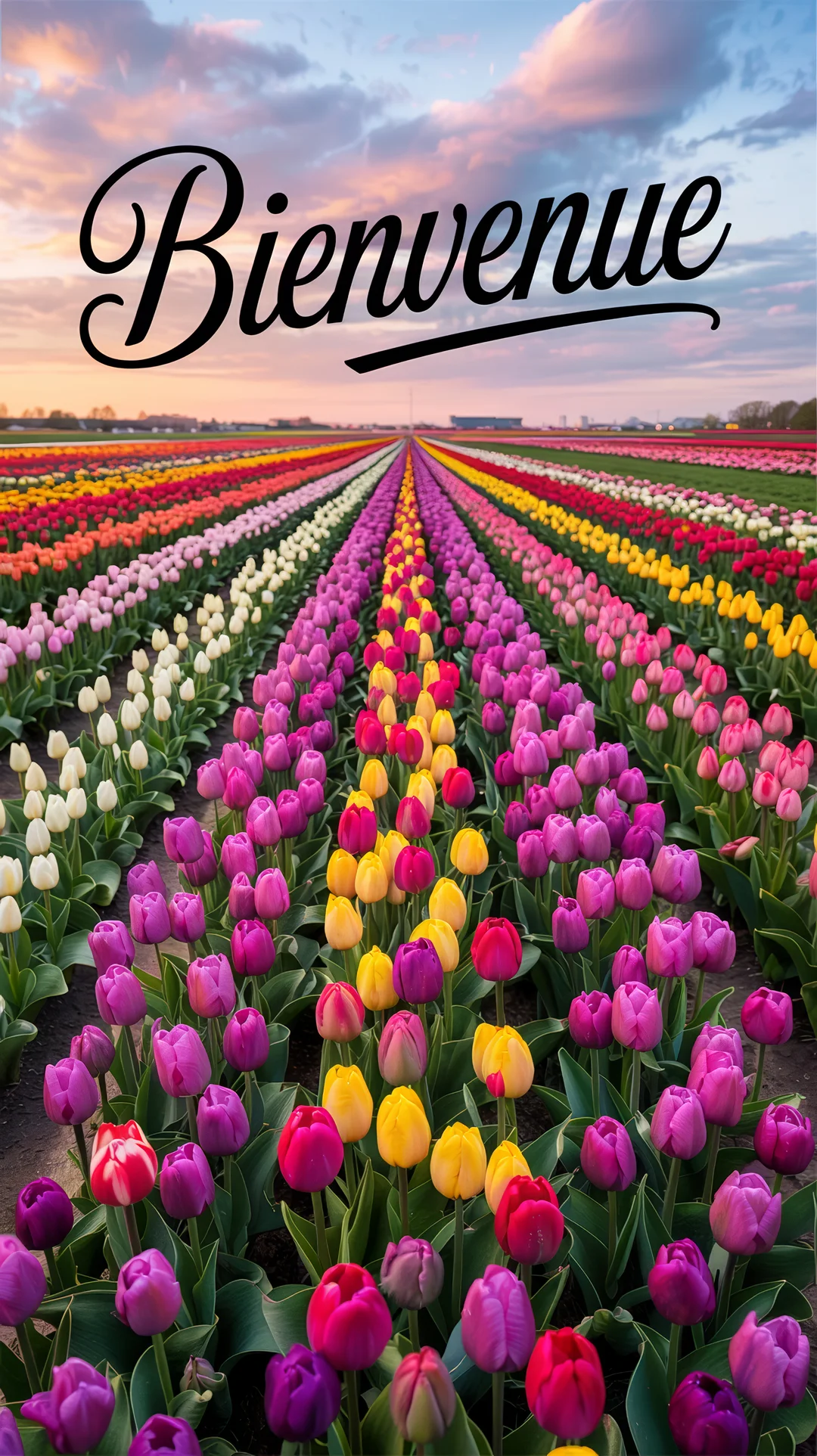 Un vaste champ de tulipes de toutes les couleurs, plantées en rangées droites, s'étend jusqu'à l'horizon sous un ciel de crépuscule.