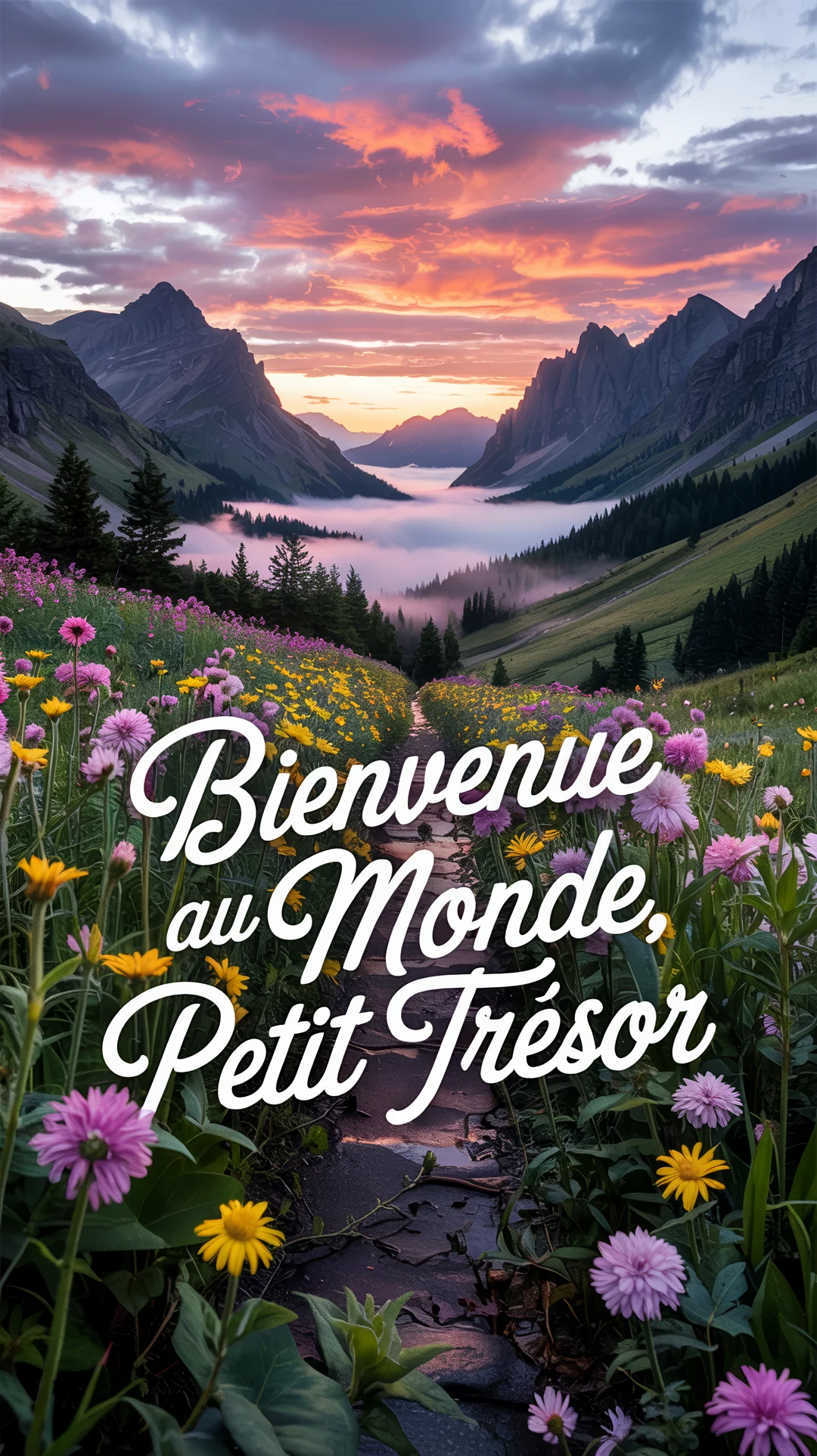 Un paysage montagneux onirique au crépuscule, avec un sentier bordé de fleurs roses et jaunes menant vers une vallée nimbée de brume.
