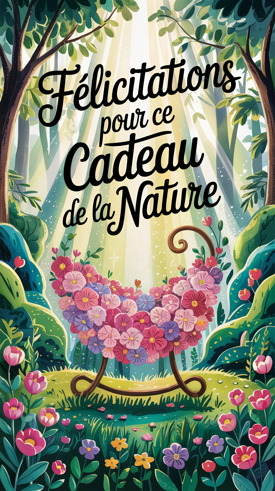 Un berceau stylisé, entièrement composé de fleurs roses et violettes, repose dans une clairière verdoyante sous des rayons de lumière céleste.