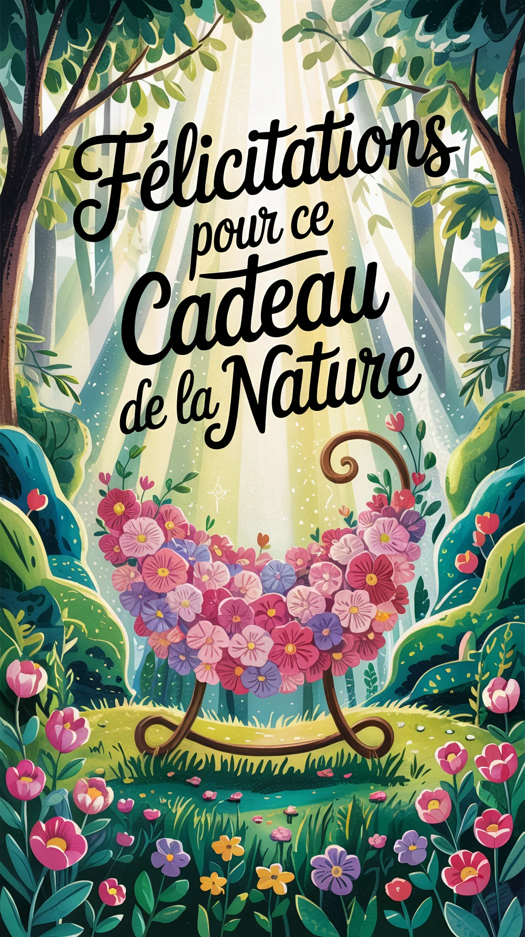 Un berceau stylisé, entièrement composé de fleurs roses et violettes, repose dans une clairière verdoyante sous des rayons de lumière céleste.