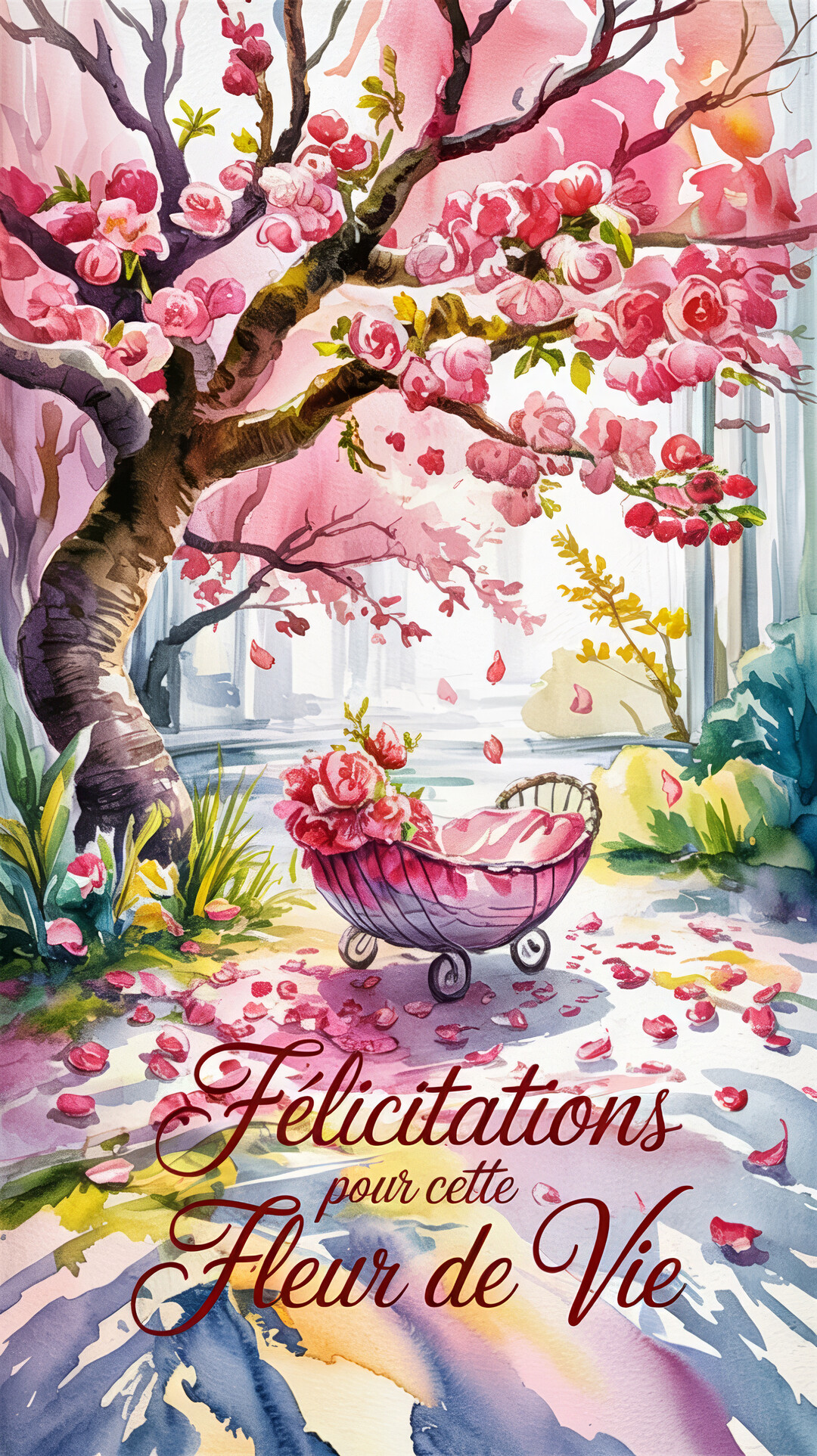 Une peinture à l'aquarelle représente un berceau rempli de fleurs roses sous un grand arbre en fleurs, avec des pétales tombant au sol.