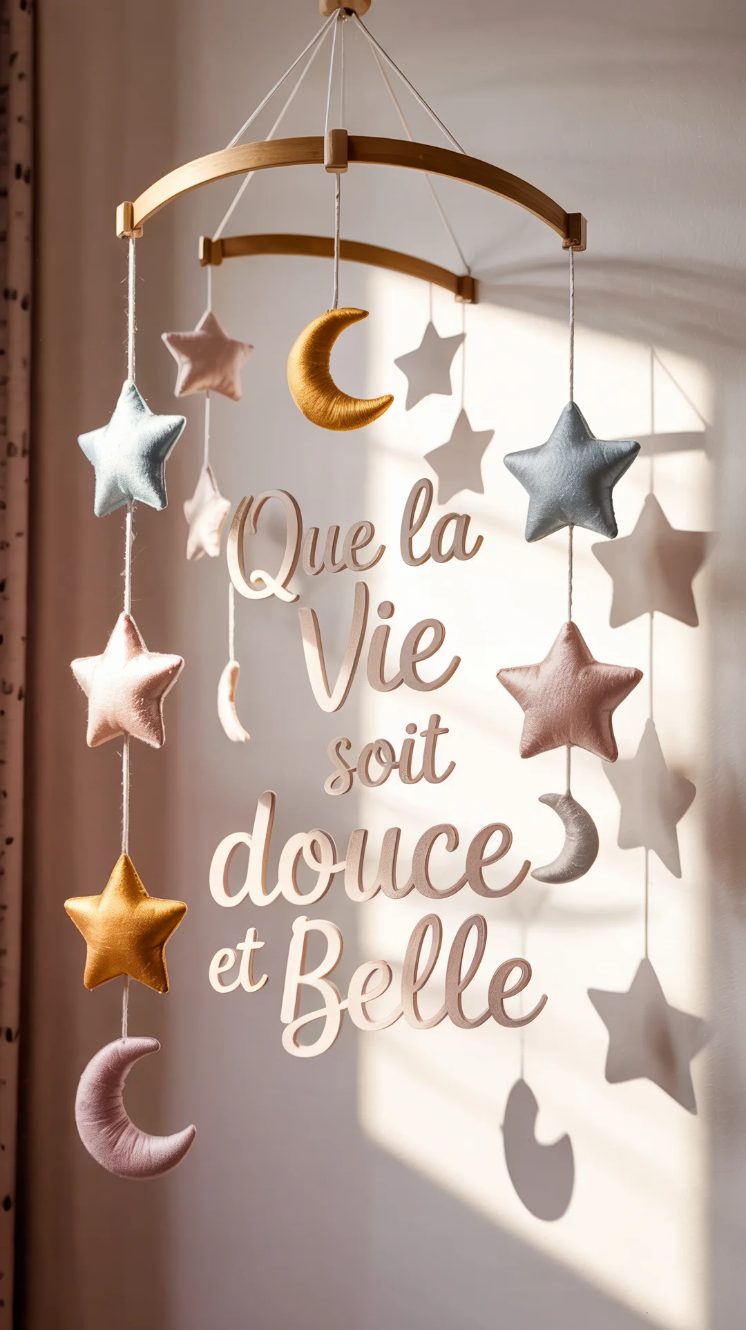 Un mobile de bébé en bois suspend des étoiles et lunes en tissu pastel, avec au centre une inscription poétique souhaitant une vie douce.
