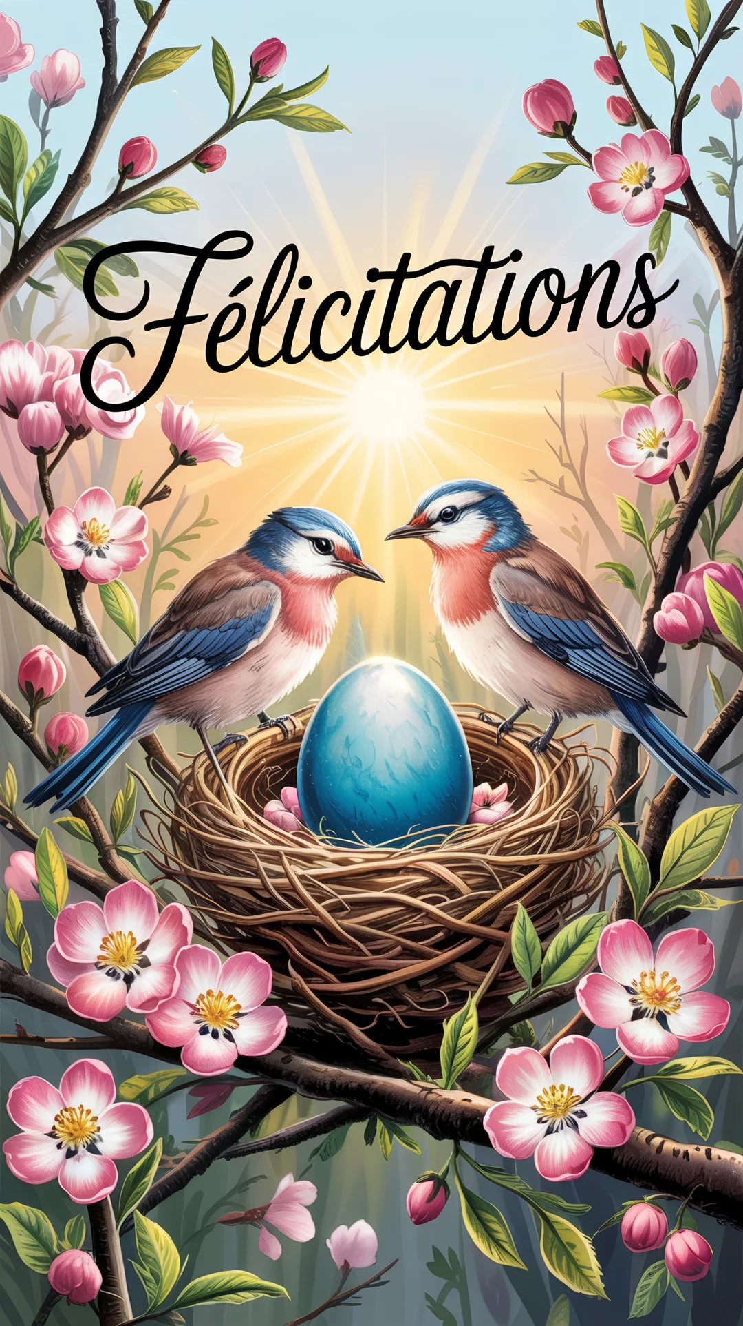 Deux oiseaux se font face au-dessus d'un nid contenant un œuf bleu, sur une branche fleurie sous un soleil radieux.