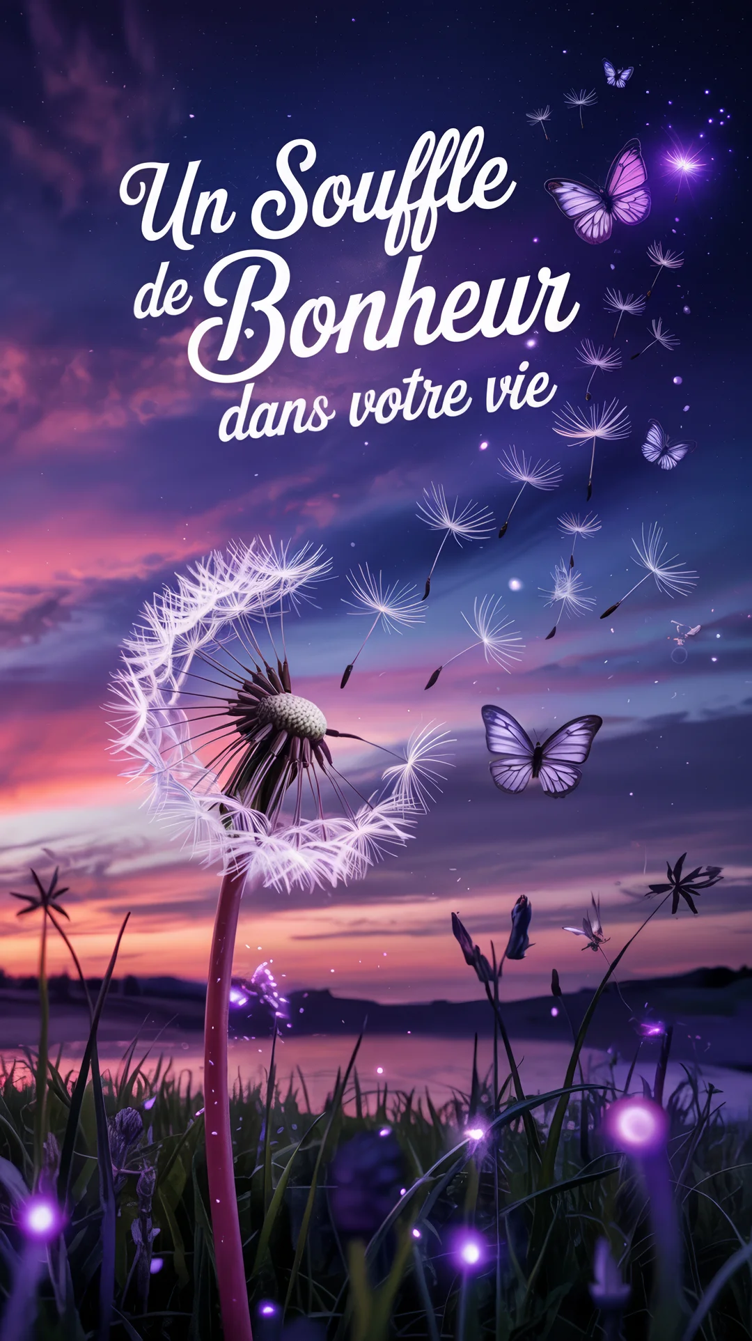 Au crépuscule, un pissenlit disperse ses graines parmi des papillons lumineux, sous un ciel étoilé rose et violet avec un message de bonheur.