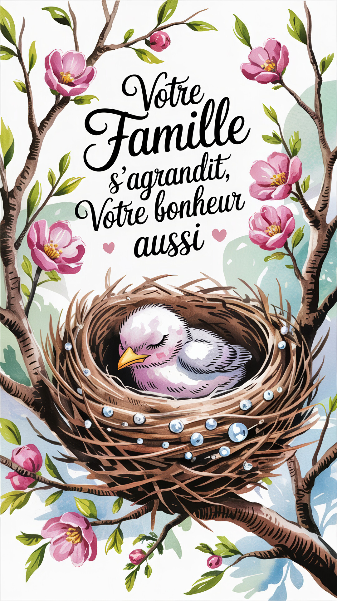 Un petit oiseau blanc aux joues roses dort paisiblement dans un nid de brindilles, entouré de branches d'arbre avec des fleurs roses.