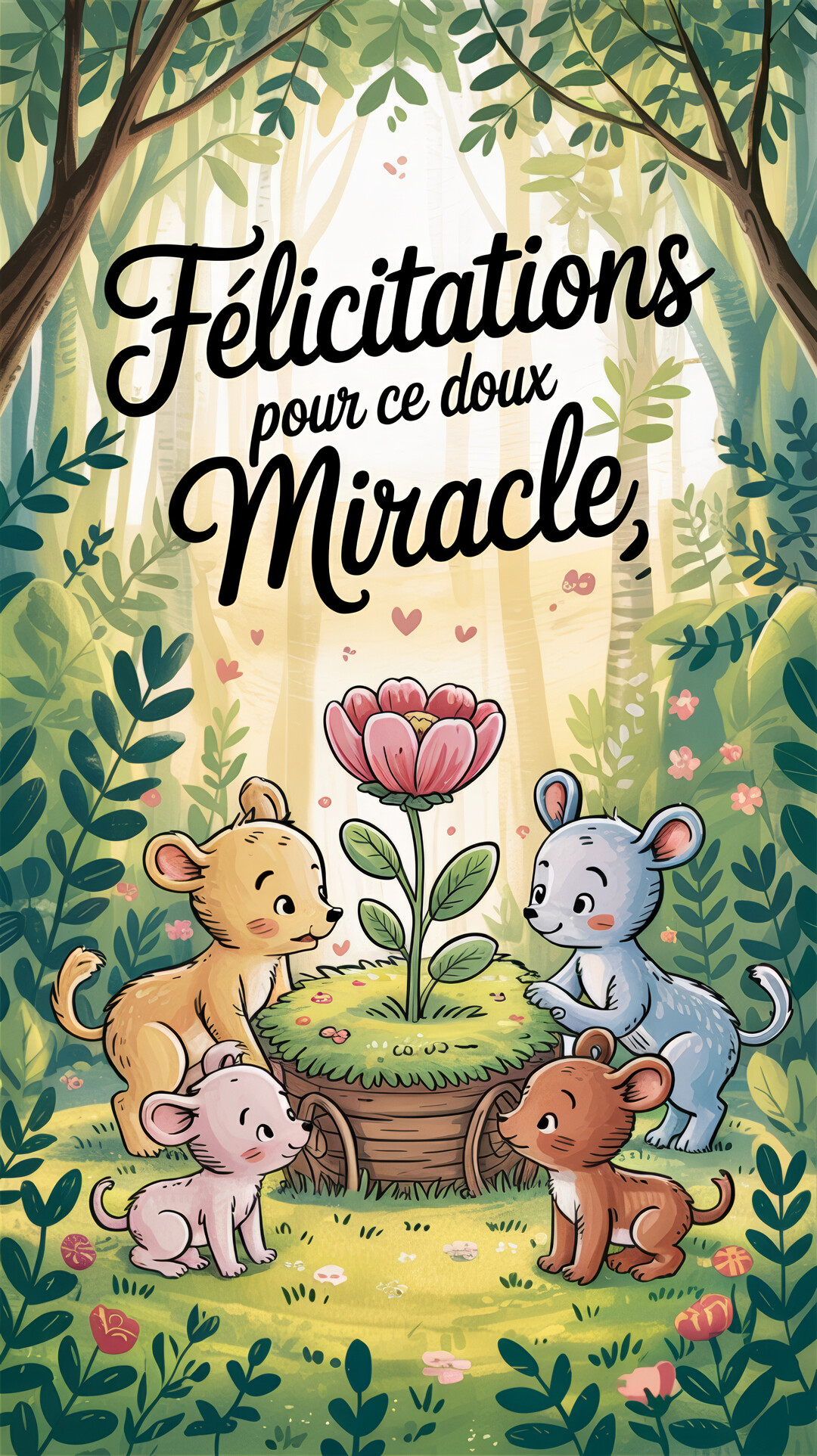 Une famille de quatre souris de style cartoon se rassemble joyeusement autour d'une grande fleur rose dans une forêt enchanteresse et lumineuse.