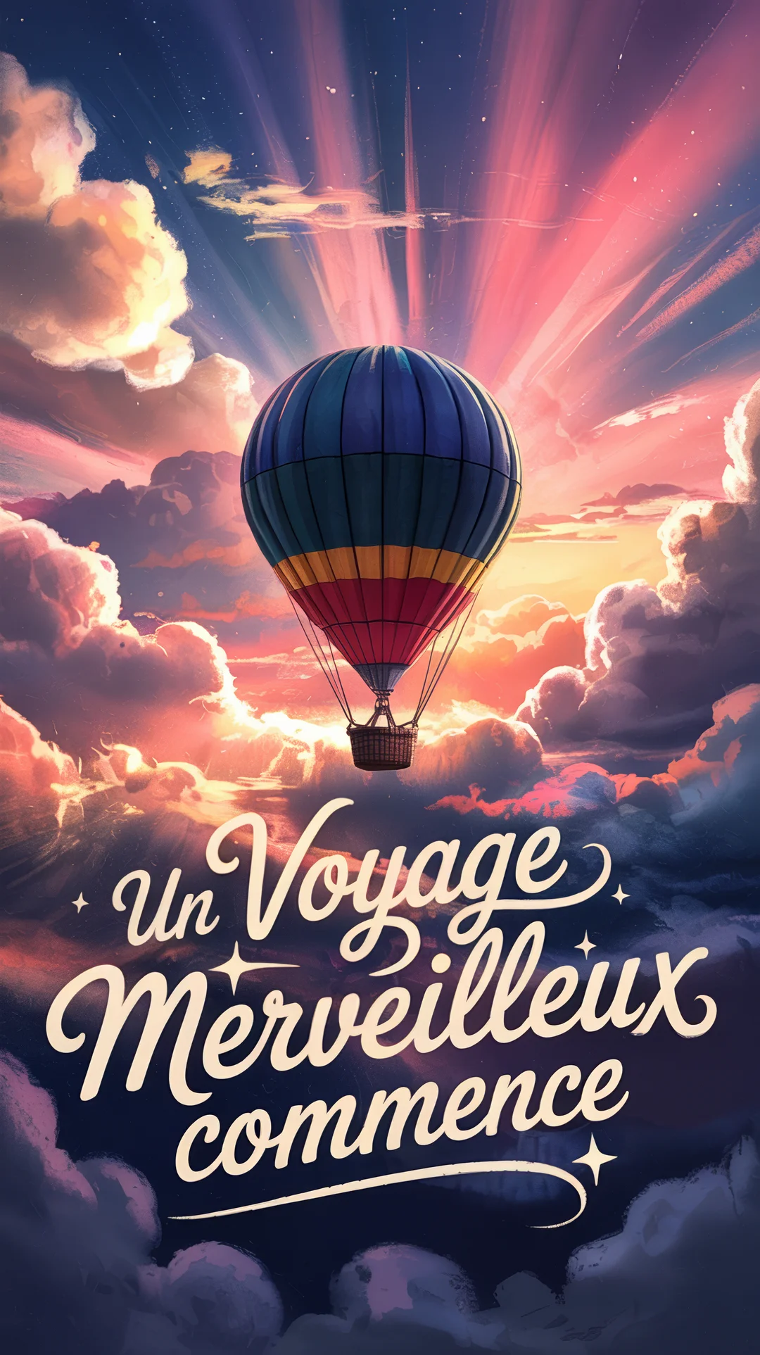 Une montgolfière bleue, jaune et rouge flotte majestueusement au-dessus de nuages roses et orangés, sous un ciel étoilé aux lueurs crépusculaires.
