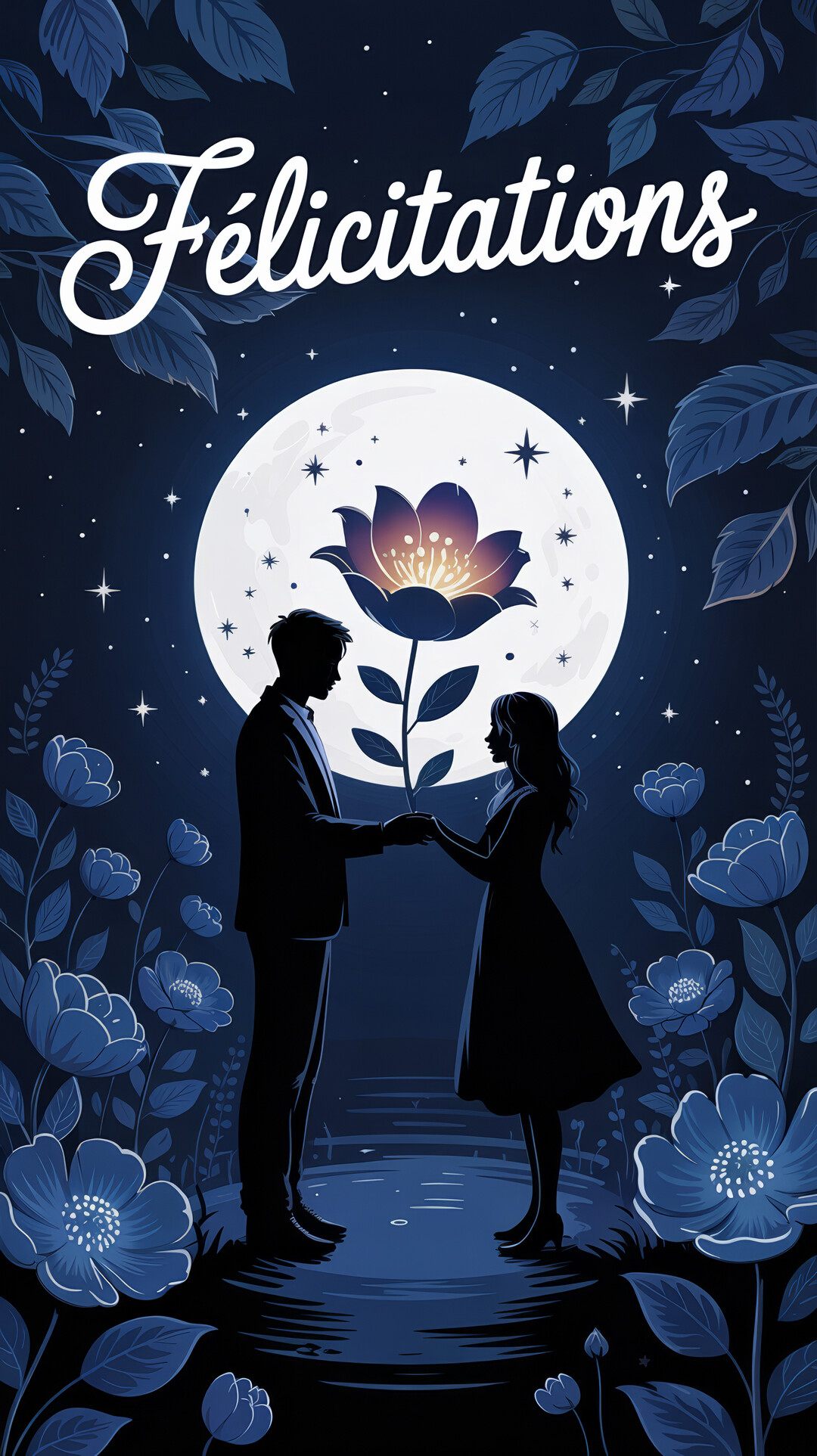 Dans une scène nocturne, la silhouette d'un couple se tient la main, un homme offrant une grande fleur lumineuse à une femme.