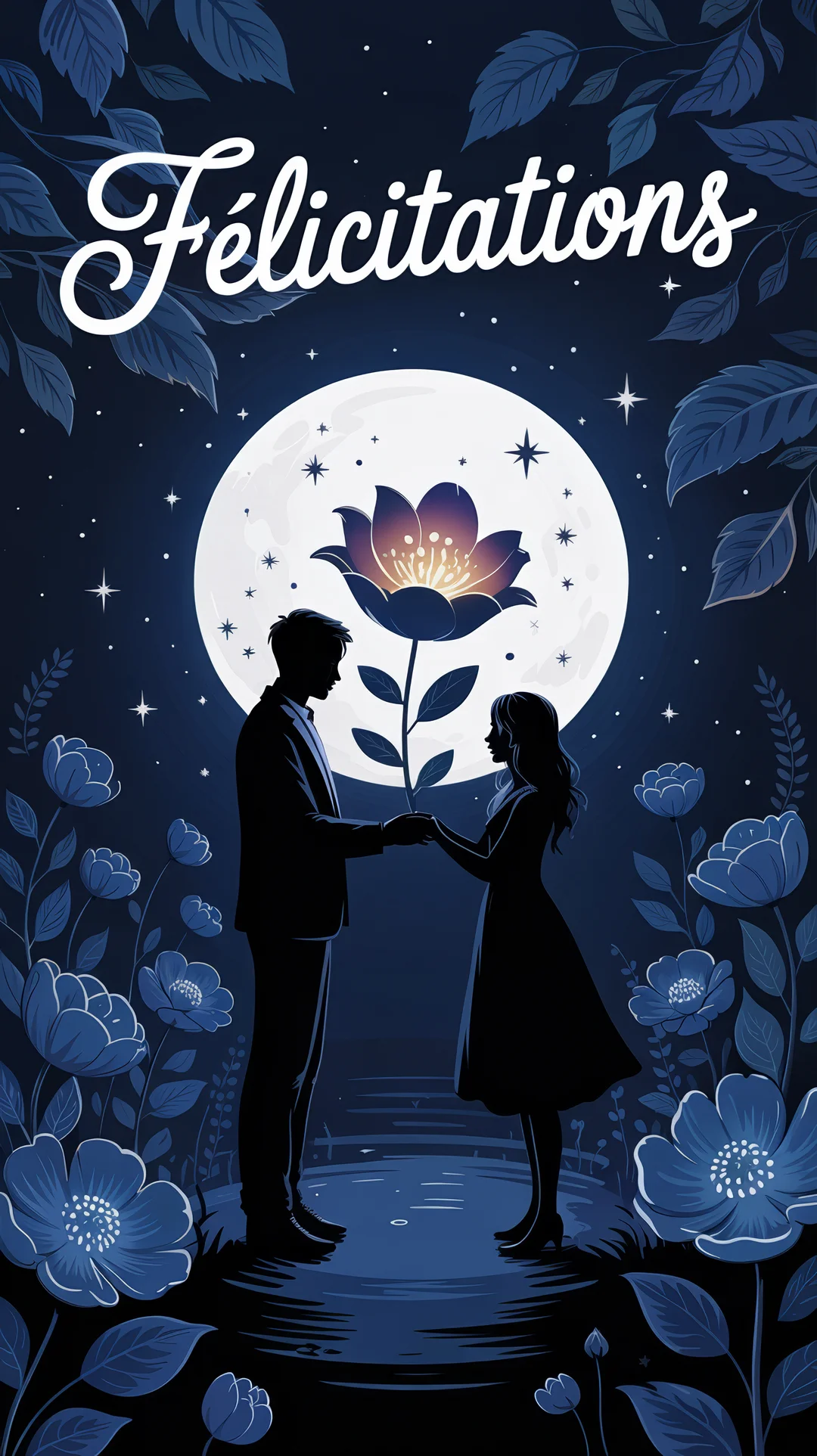 Dans une scène nocturne, la silhouette d'un couple se tient la main, un homme offrant une grande fleur lumineuse à une femme.
