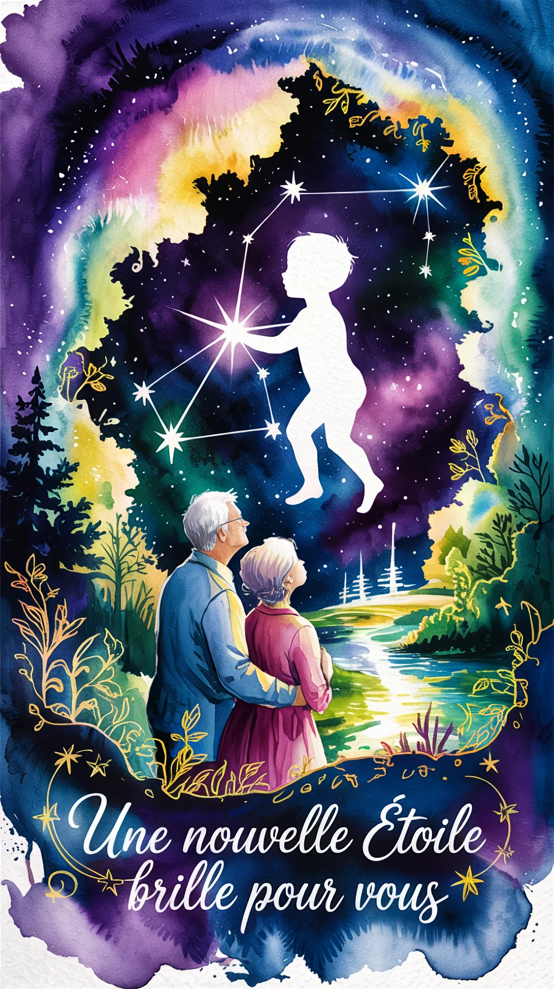 Un couple de grands-parents, vu de dos, contemple un ciel nocturne à l'aquarelle où la silhouette d'un enfant compose une constellation scintillante.