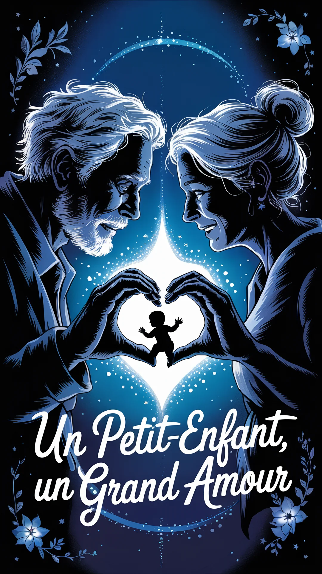 Des grands-parents se sourient, leurs mains jointes en forme de cœur contenant la silhouette lumineuse d'un nouveau-né sur un fond étoilé.