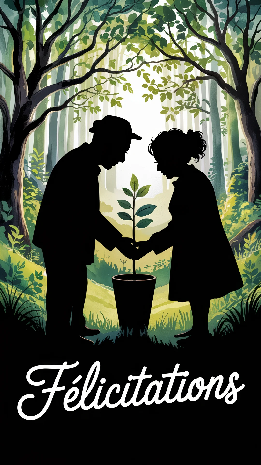 En silhouette, un homme et une femme âgés plantent ensemble une petite pousse d'arbre dans un pot, au cœur d'une forêt verdoyante.