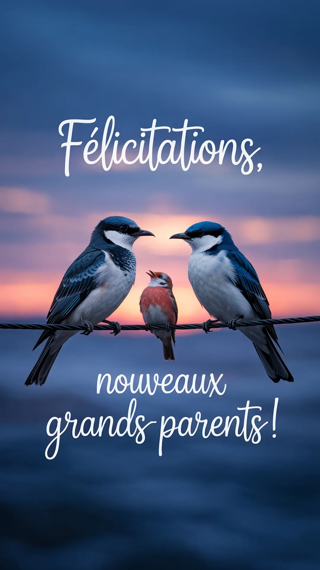 Trois oiseaux sont perchés sur un fil au crépuscule : deux adultes bleus et blancs entourent un oisillon roux qui pépie joyeusement.