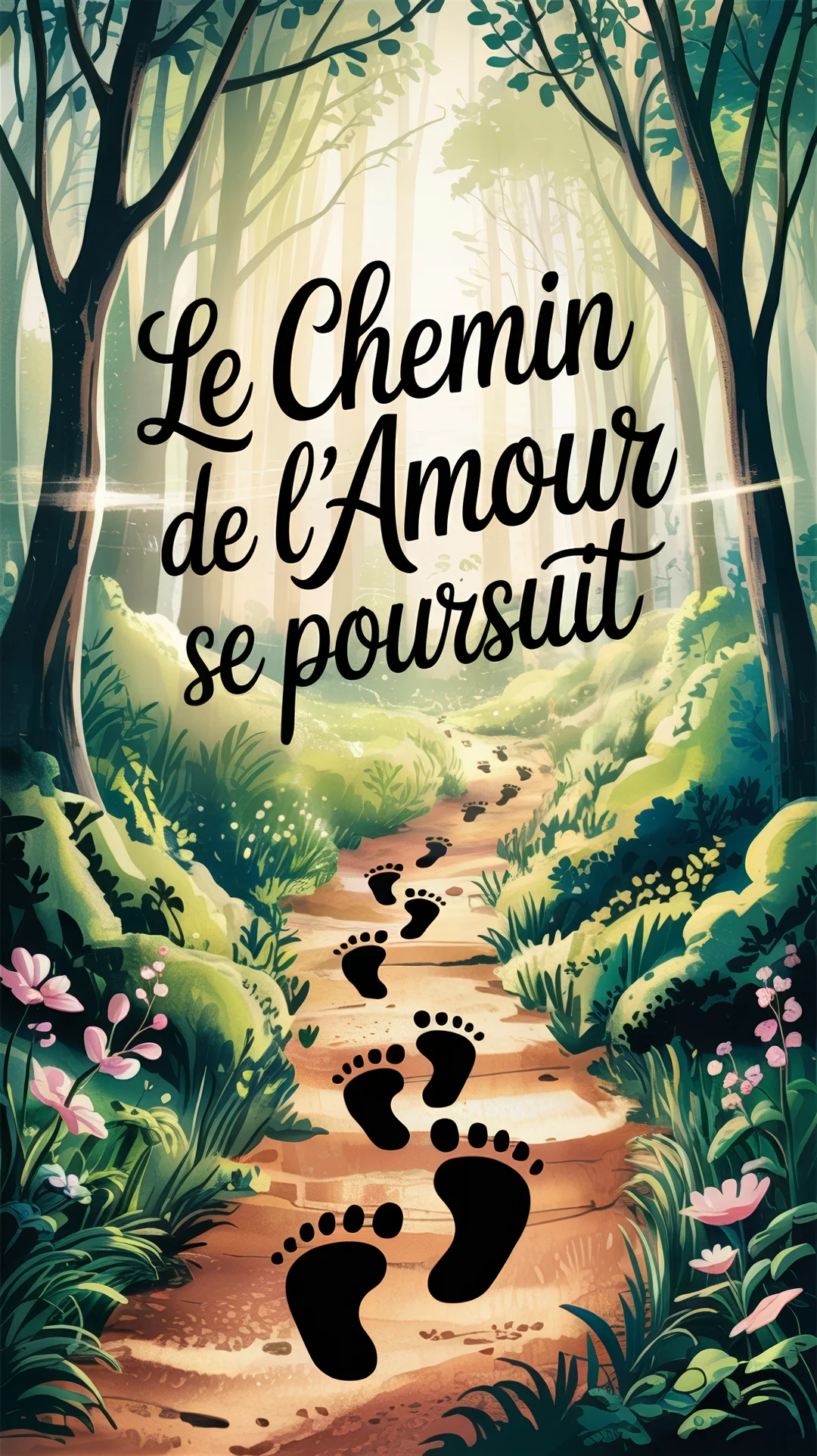 Une illustration poétique montre un sentier forestier avec des empreintes de pas de plus en plus grandes, symbolisant le parcours d'un couple.