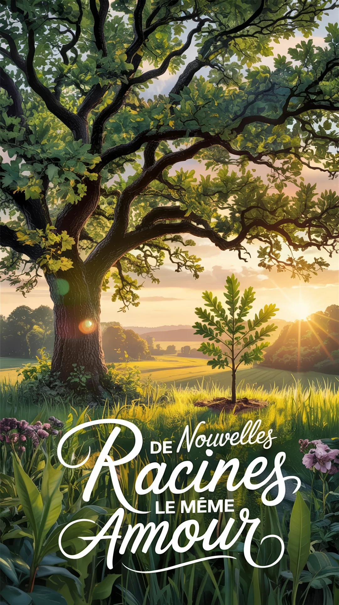 Paysage bucolique au soleil couchant, montrant un chêne mature à côté d'une jeune pousse, avec un texte poétique superposé sur la nature.