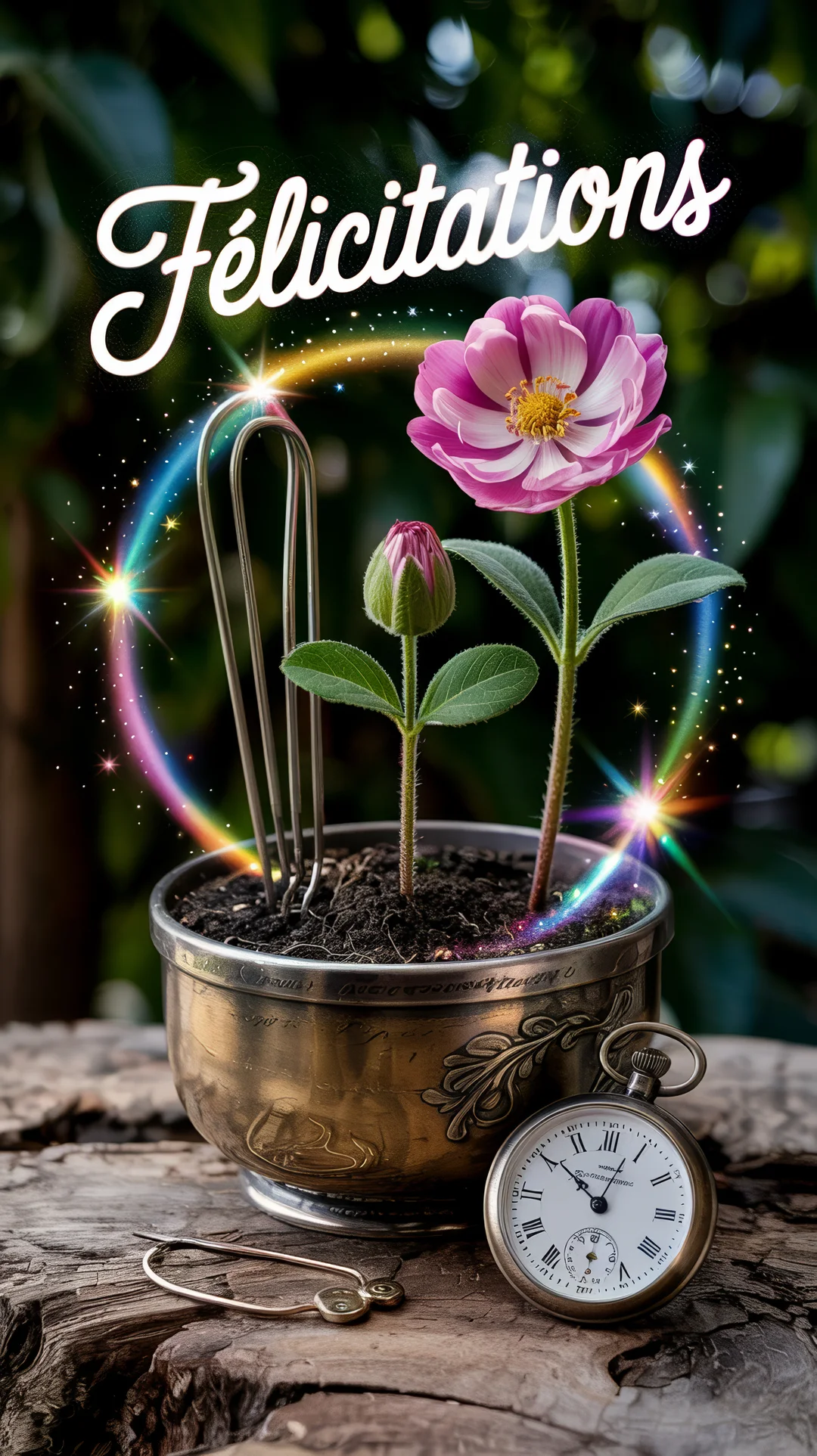 Une composition vintage et magique présente une fleur rose en pot à côté d'une montre ancienne, le tout illuminé par un halo scintillant.