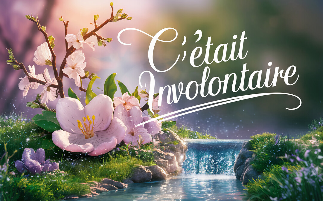 Paysage onirique avec une petite cascade, des fleurs de cerisier roses au premier plan et une lumière douce et dorée en arrière-plan.