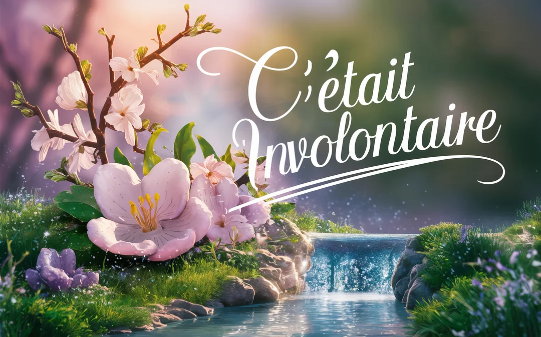 Paysage onirique avec une petite cascade, des fleurs de cerisier roses au premier plan et une lumière douce et dorée en arrière-plan.