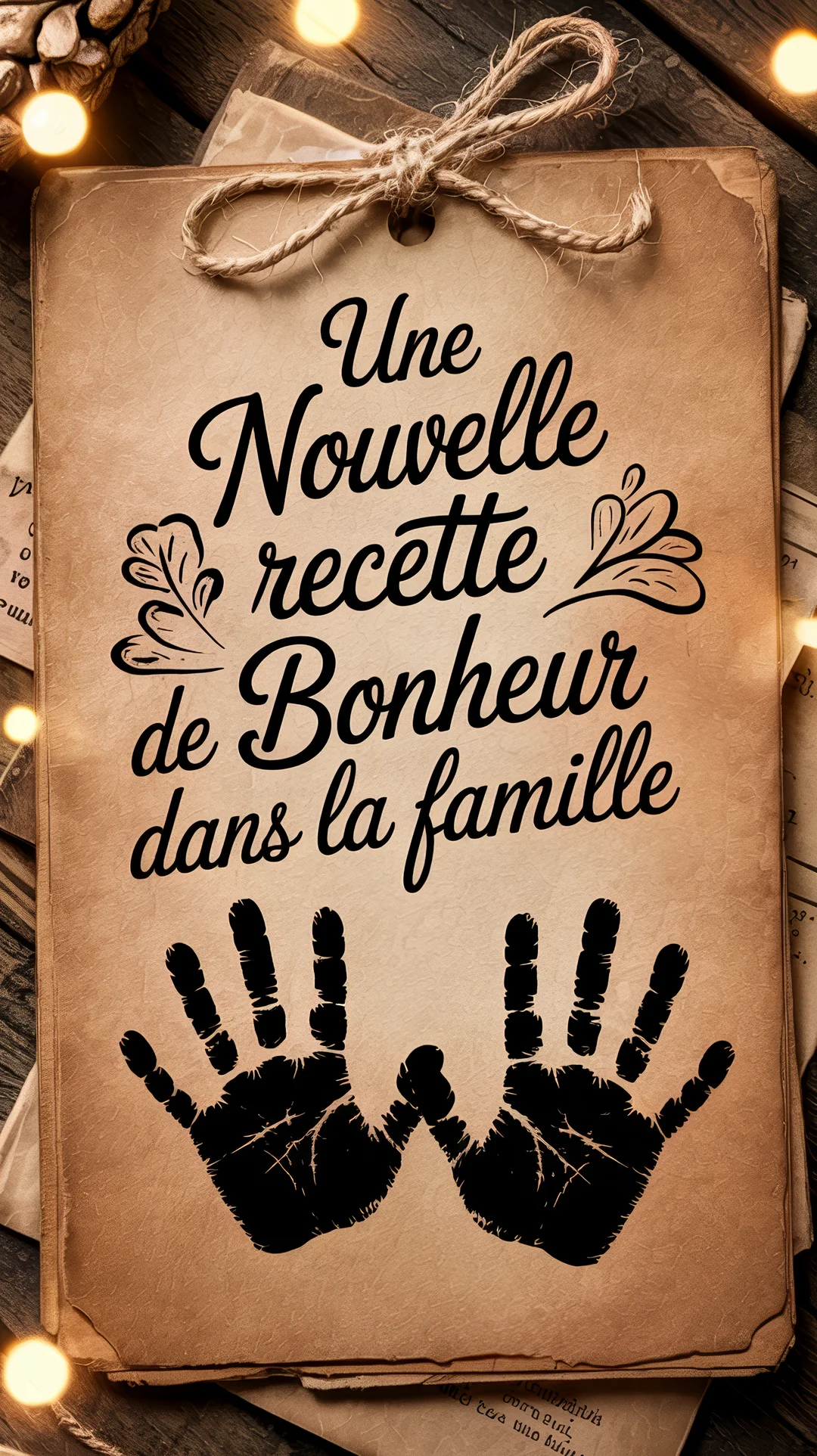 Sur un fond boisé, une étiquette en papier vieilli affiche un message de naissance et deux empreintes de mains noires enfantines.