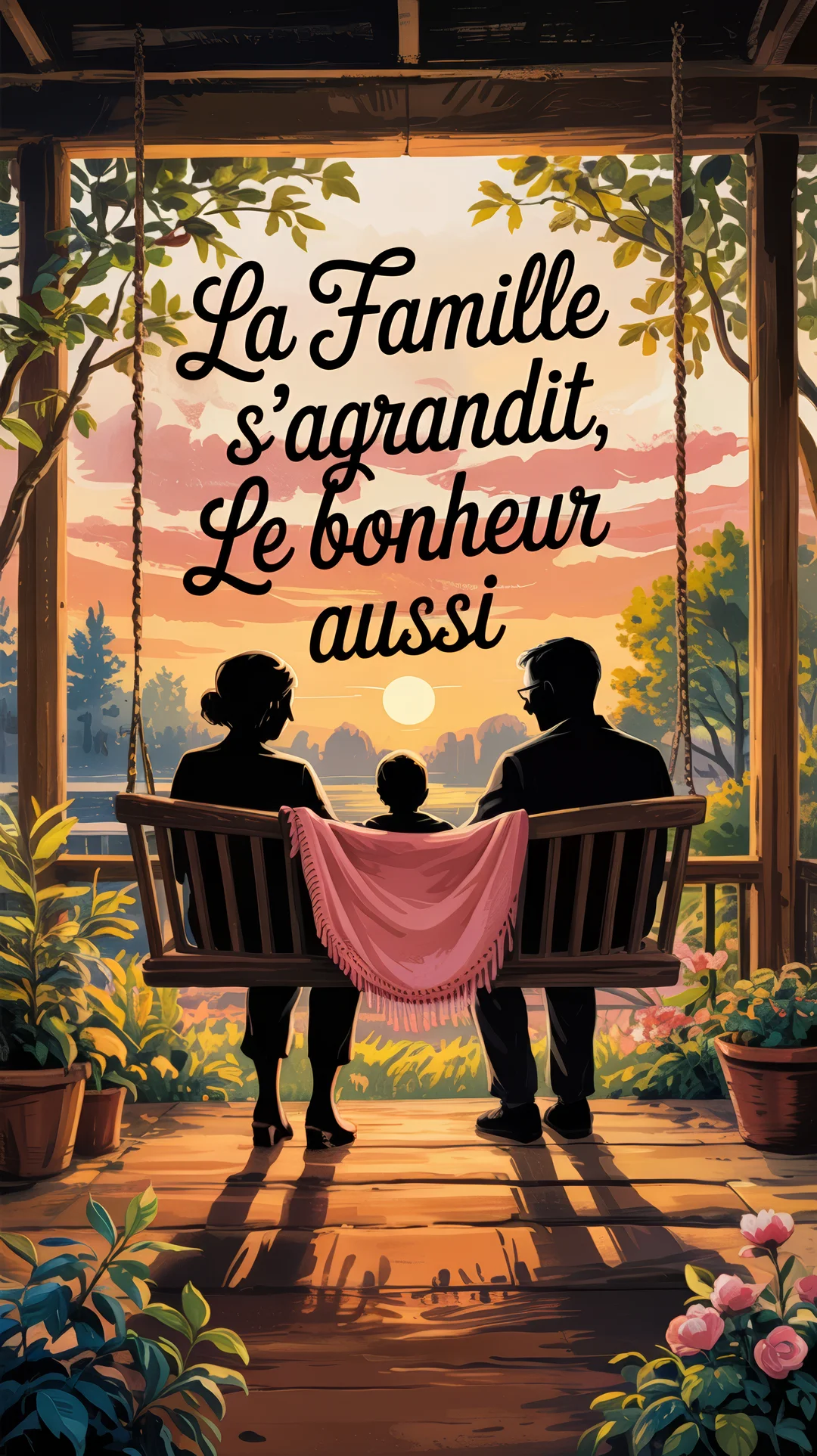En silhouette, des grands-parents et leur petit-enfant sont assis sur une balançoire de porche, contemplant un doux et chaleureux coucher de soleil.