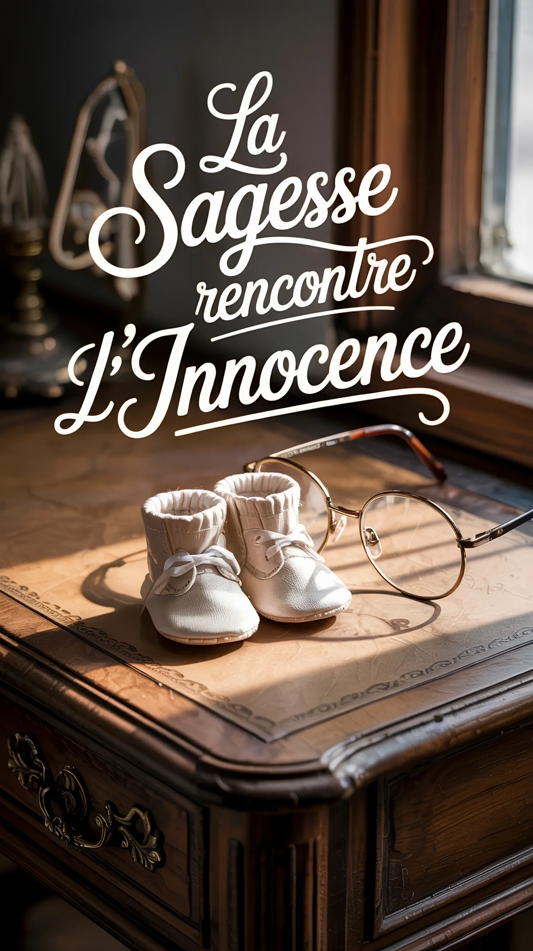 Une mise en scène photographique montre des chaussons de bébé blancs et une paire de lunettes posés sur un bureau ancien en bois et cuir.