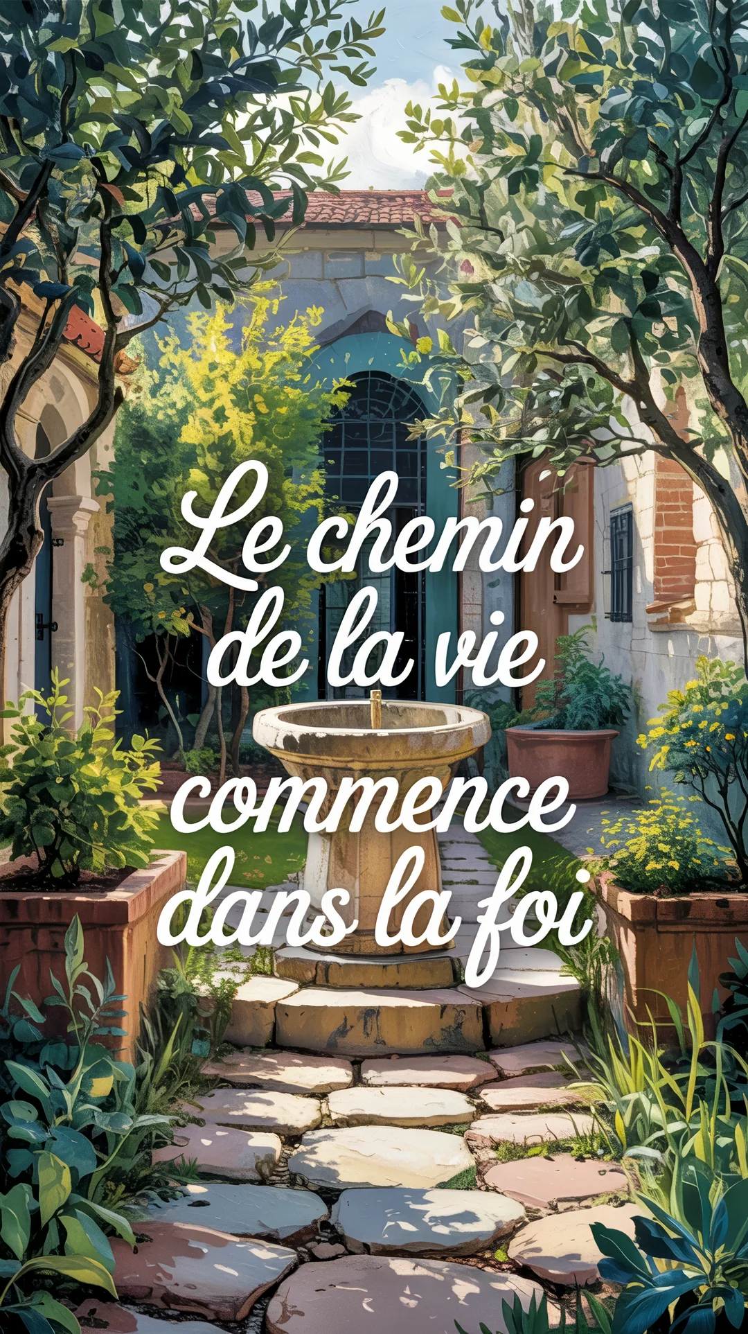 Une illustration de style peinture montre un sentier de pierre dans une cour verdoyante, menant à une fontaine, sous un ciel bleu.