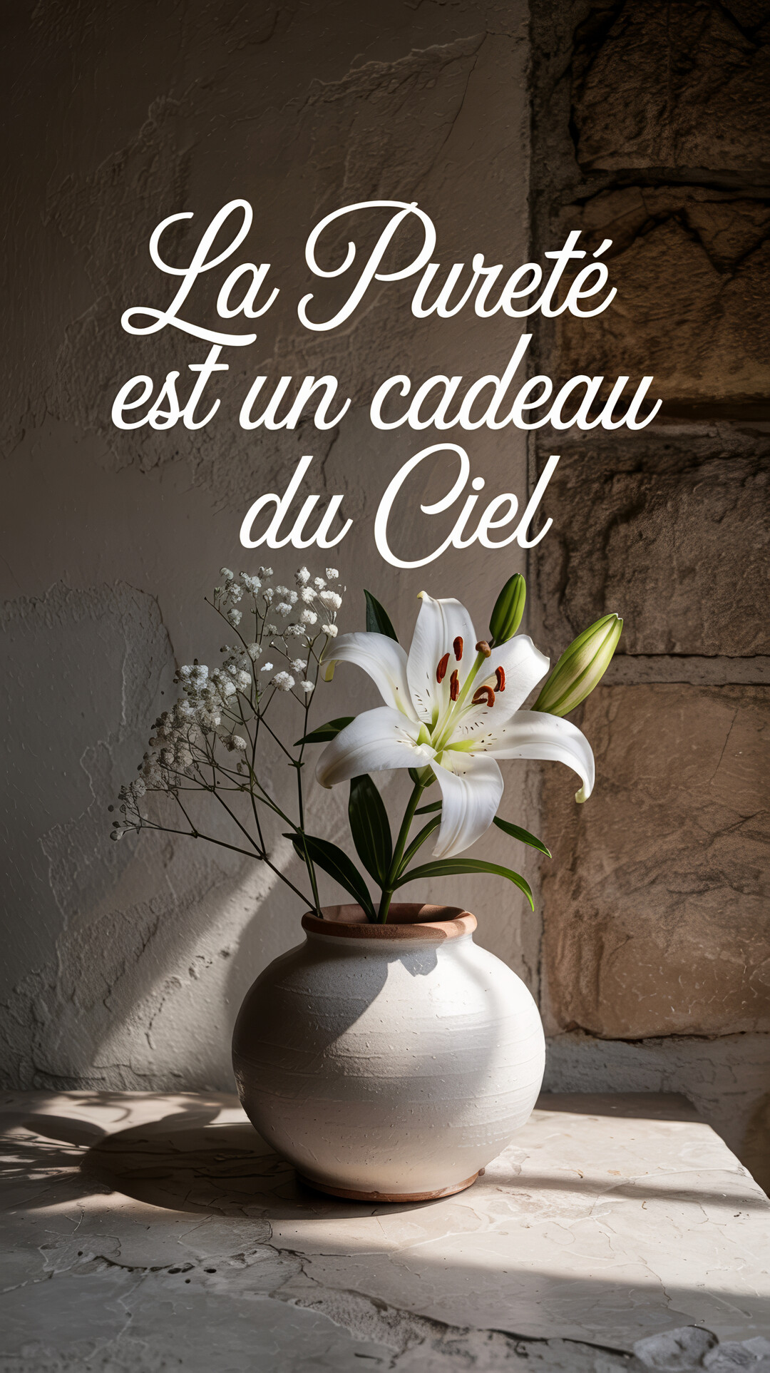 Un vase en céramique blanche contenant un lys et du gypsophile est posé devant un mur en pierre, baigné de lumière naturelle.