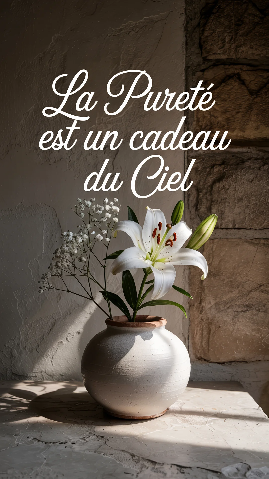 Un vase en céramique blanche contenant un lys et du gypsophile est posé devant un mur en pierre, baigné de lumière naturelle.