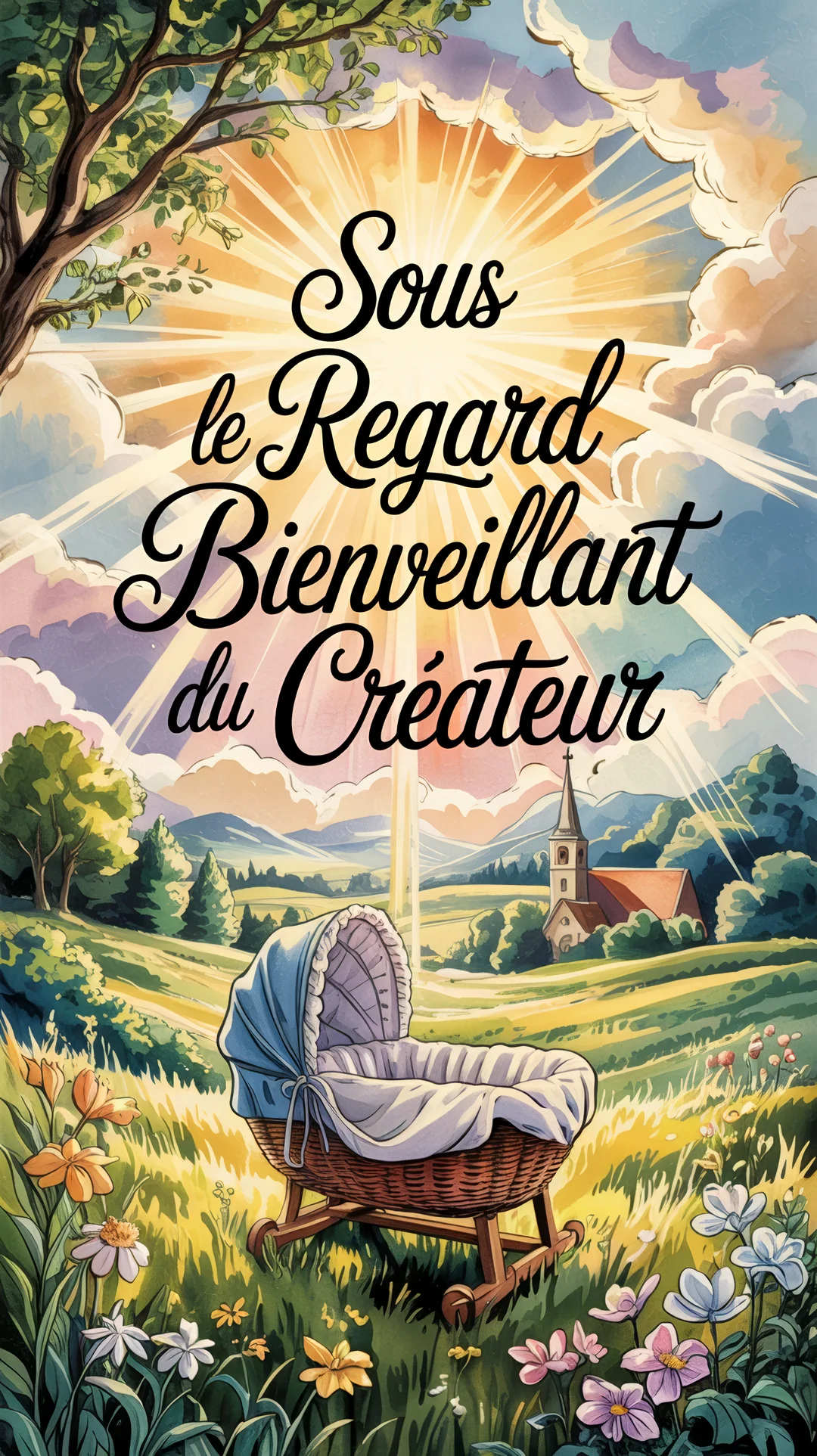 Un berceau est posé dans un pré fleuri face à une église, illuminé par des rayons de soleil perçant les nuages.